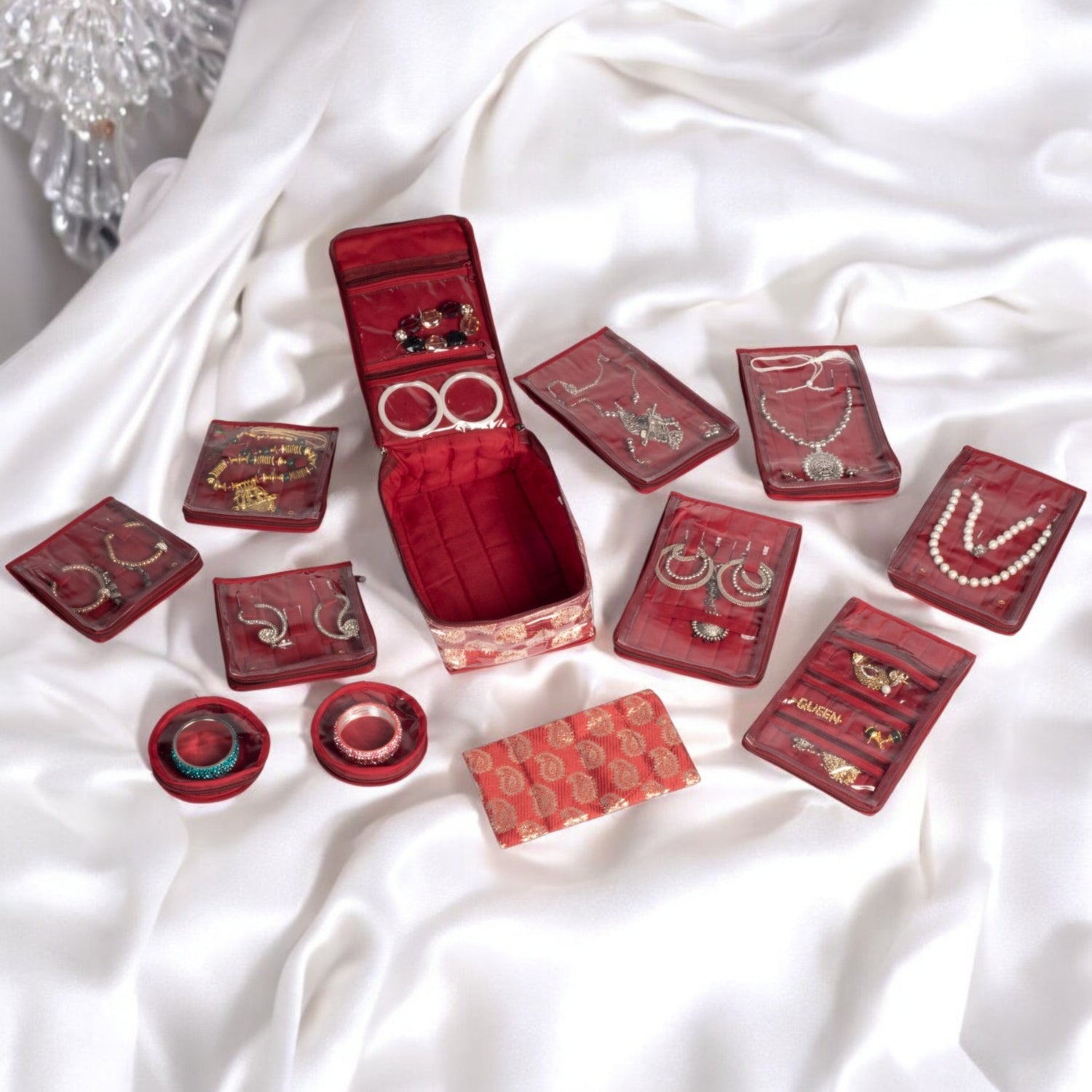 Brocade Jewellery Organizer with 12 Pouches