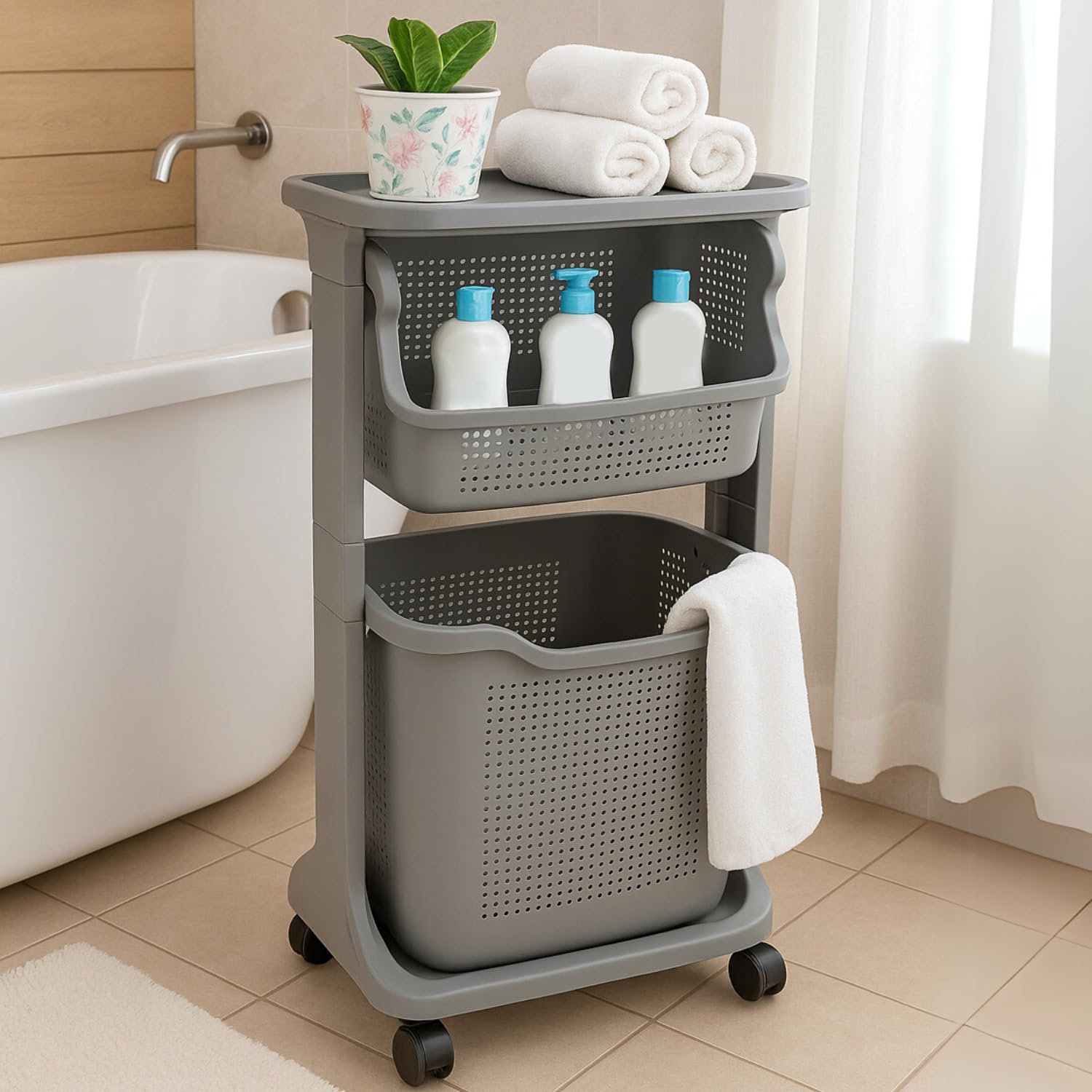 Laundry Basket with Wheels – 3-Layer Storage Rack Homestrap
