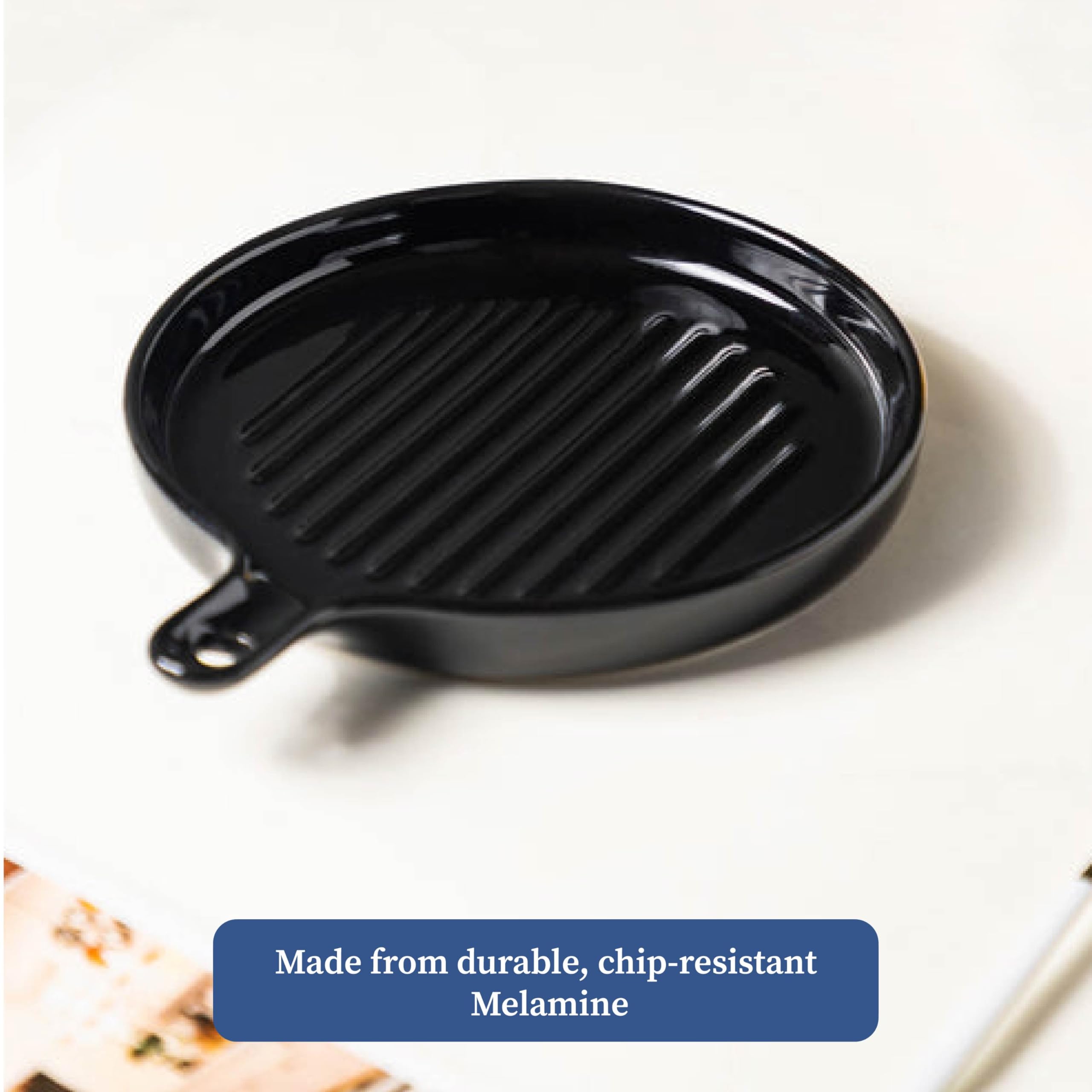 4 Piece Black Melamine Serving Platter Set | Round Pan & Rectangular Platters with 2 Dip Cups