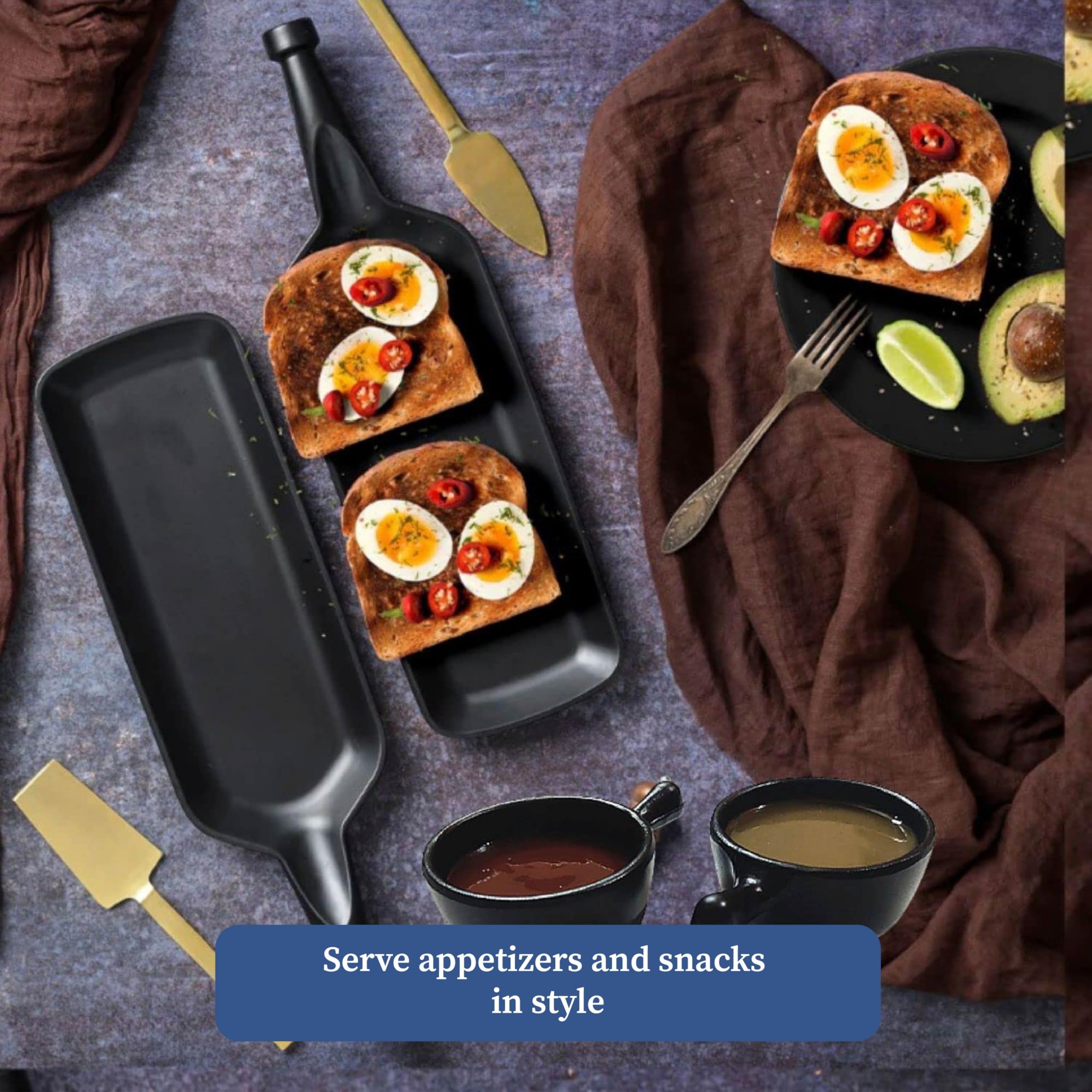 4-Piece Melamine Serving Platter Set | Black Leaf & Bottle Shape Platters with 2 Dip Bowls