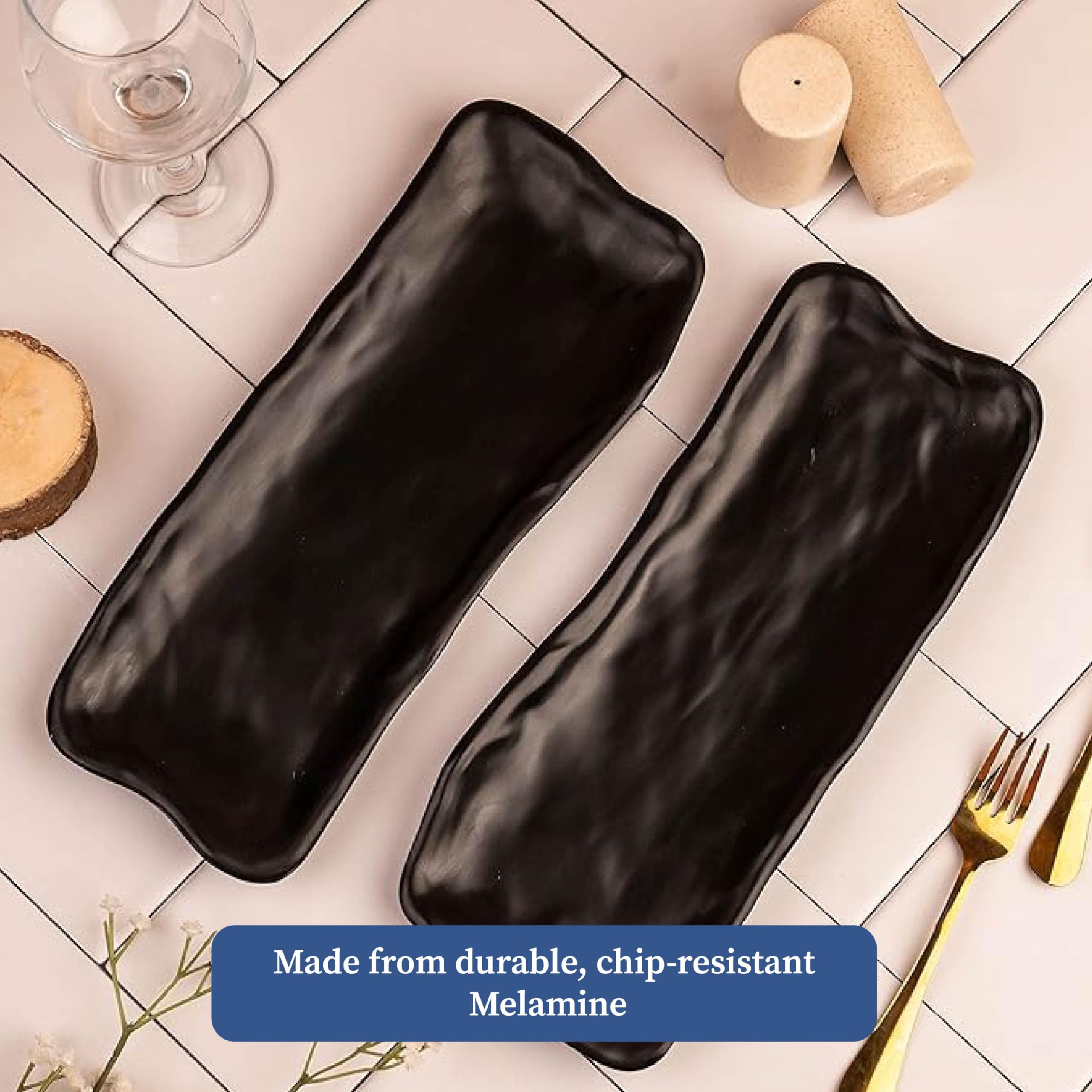 4 Piece Black Melamine Serving Platter Set | Round Pan & Rectangular Platters with 2 Dip Cups