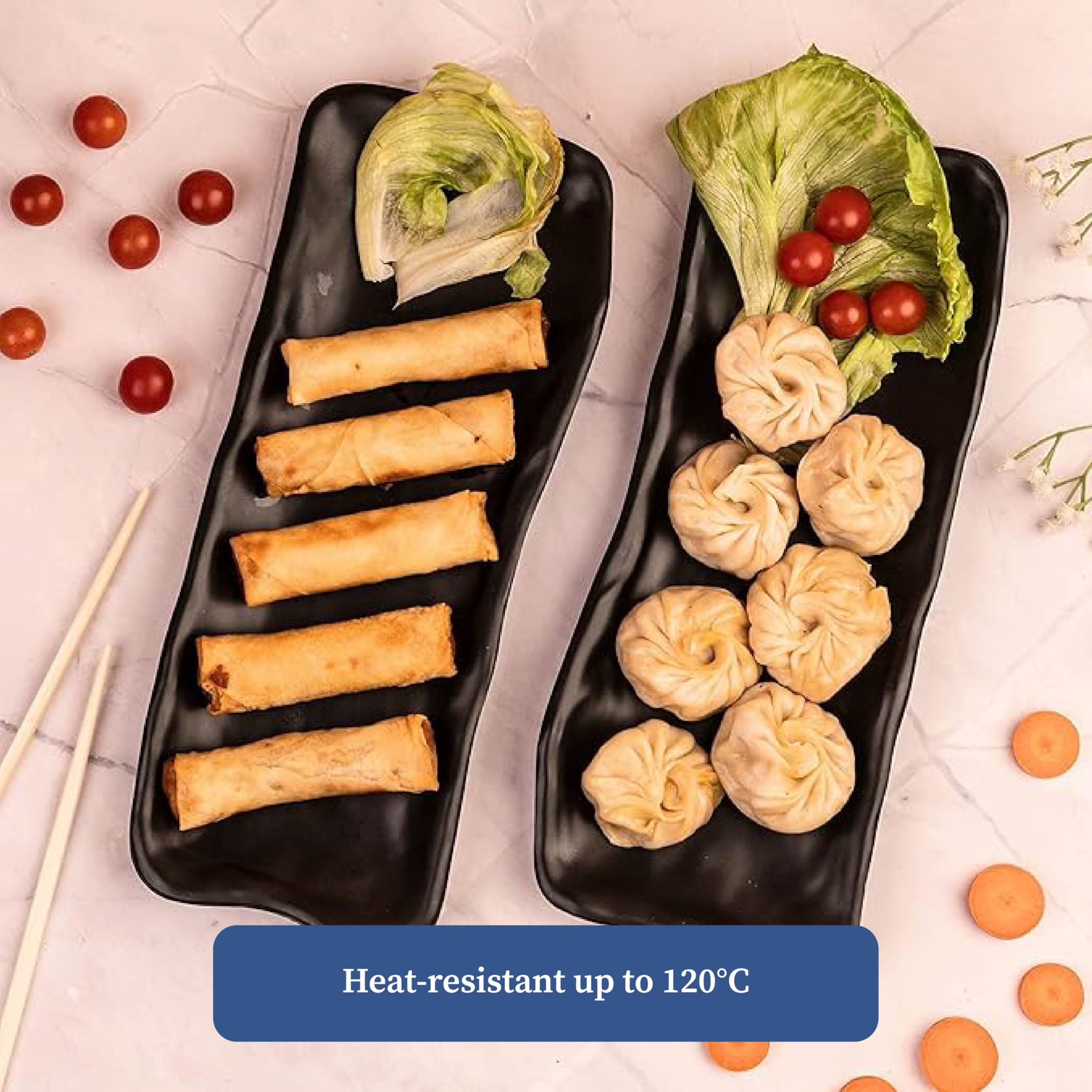 4 Piece Black Melamine Serving Platter Set | Round Pan & Rectangular Platters with 2 Dip Cups