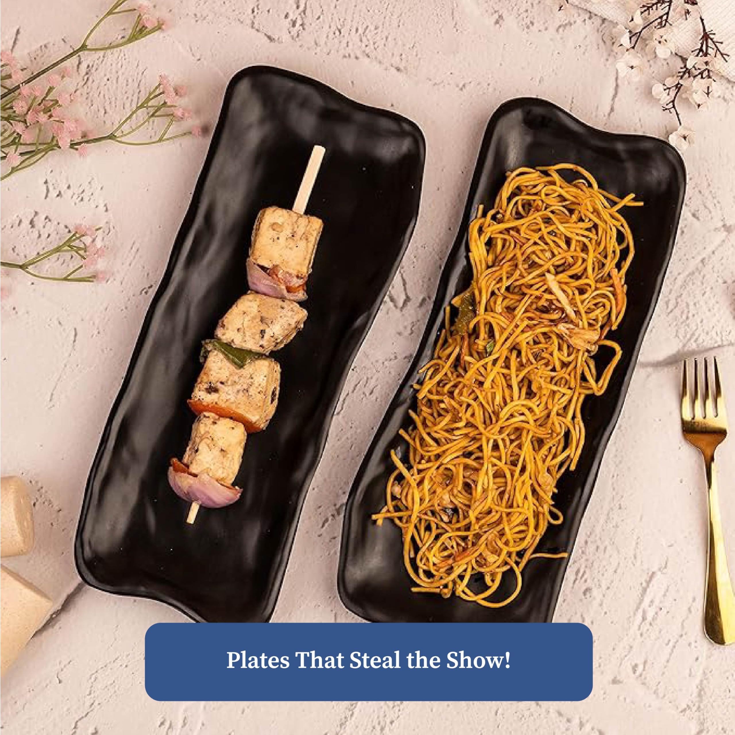 4 Piece Black Melamine Serving Platter Set | Round Pan & Rectangular Platters with 2 Dip Cups