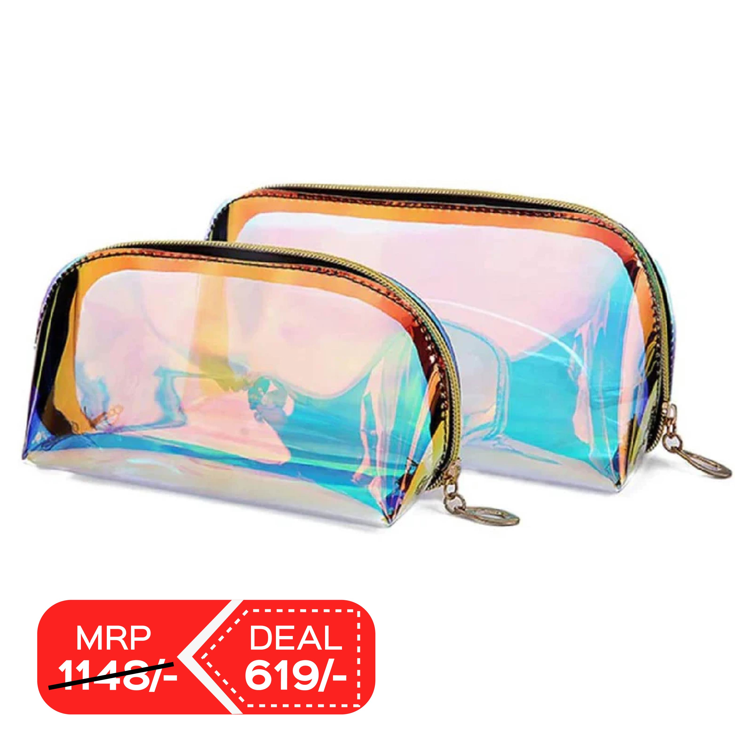 Glossy Glamer Holographic Pouch | Cosmetic Organizer with Zipper