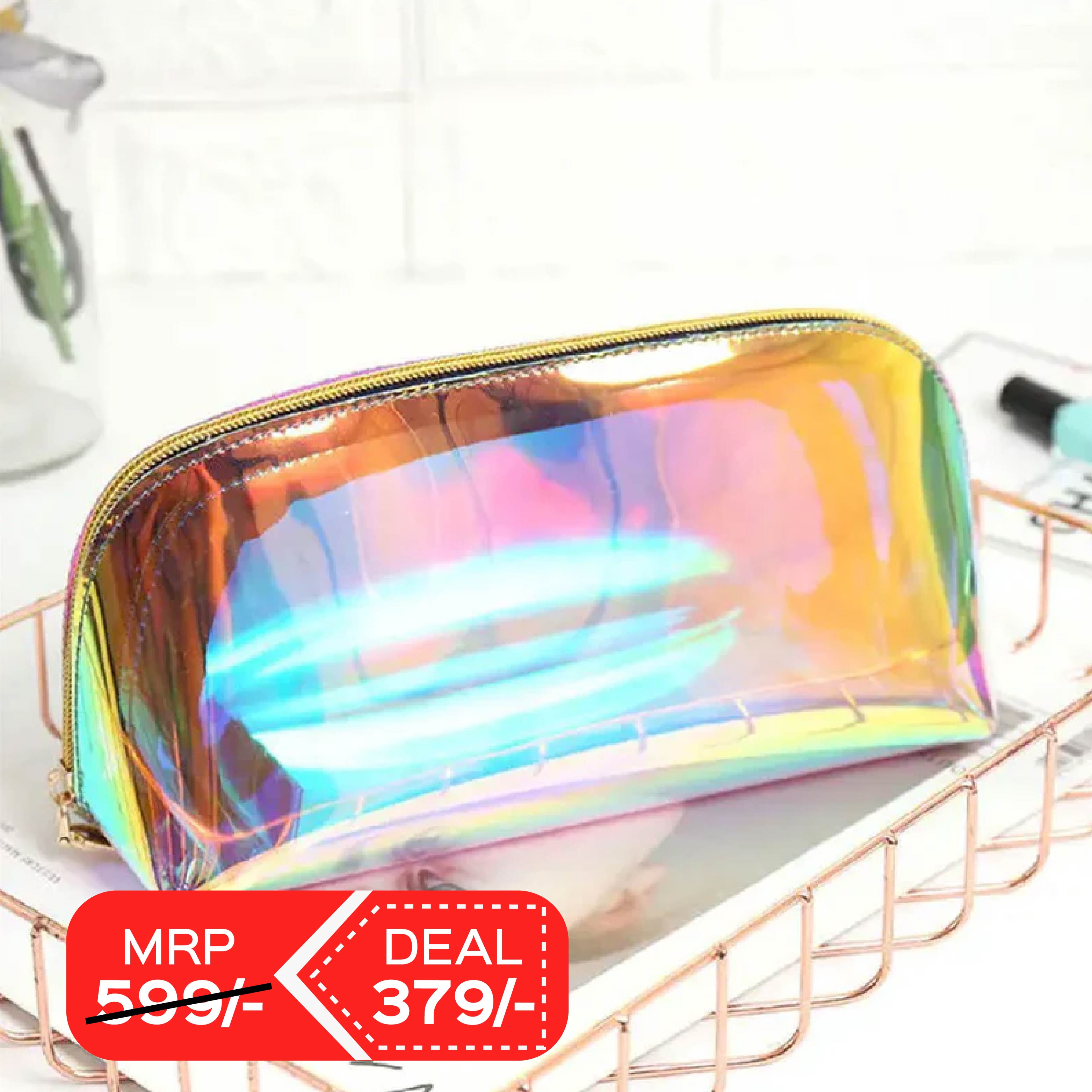Glossy Glamer Holographic Pouch | Cosmetic Organizer with Zipper
