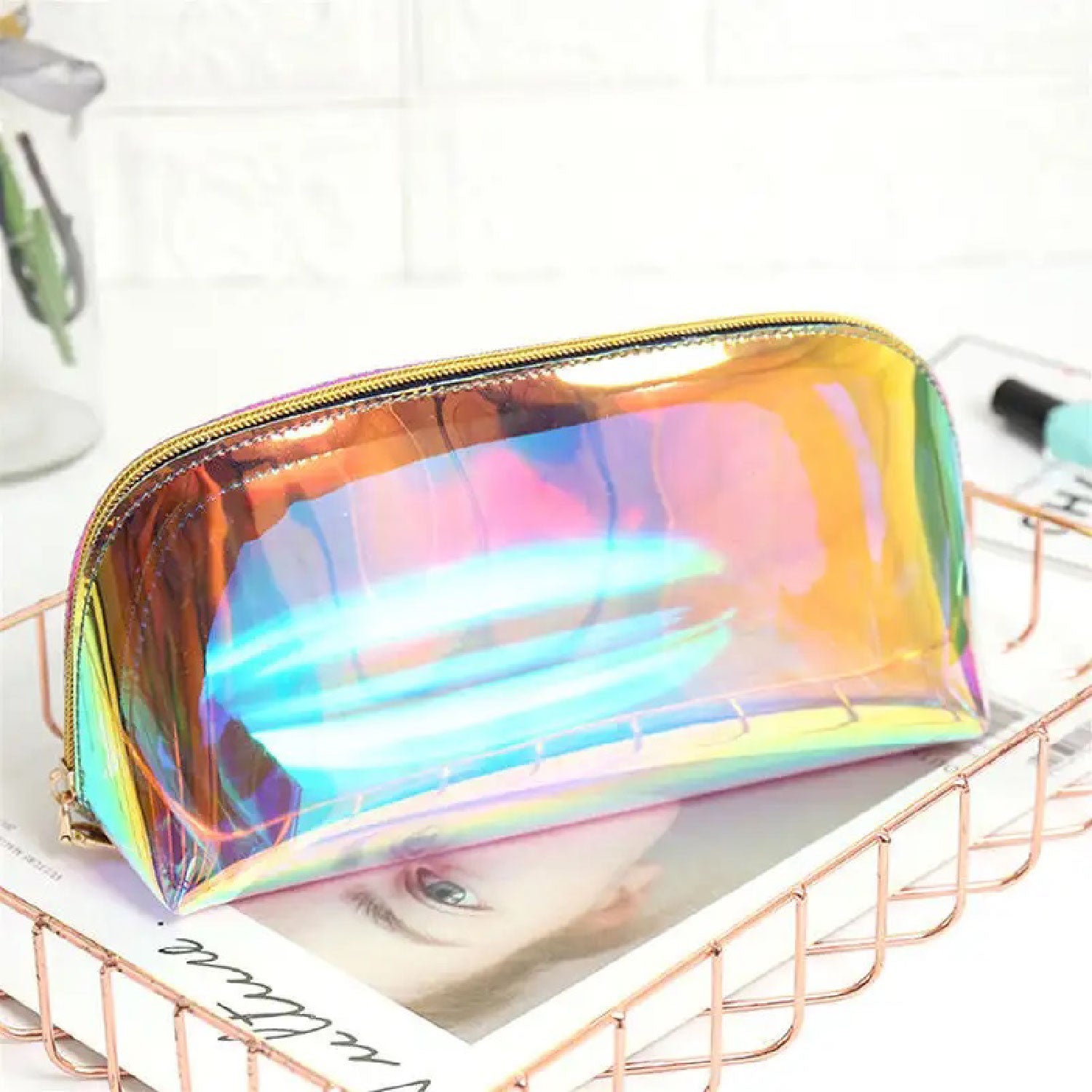 Glossy Glamer Holographic Pouch | Cosmetic Organizer with Zipper