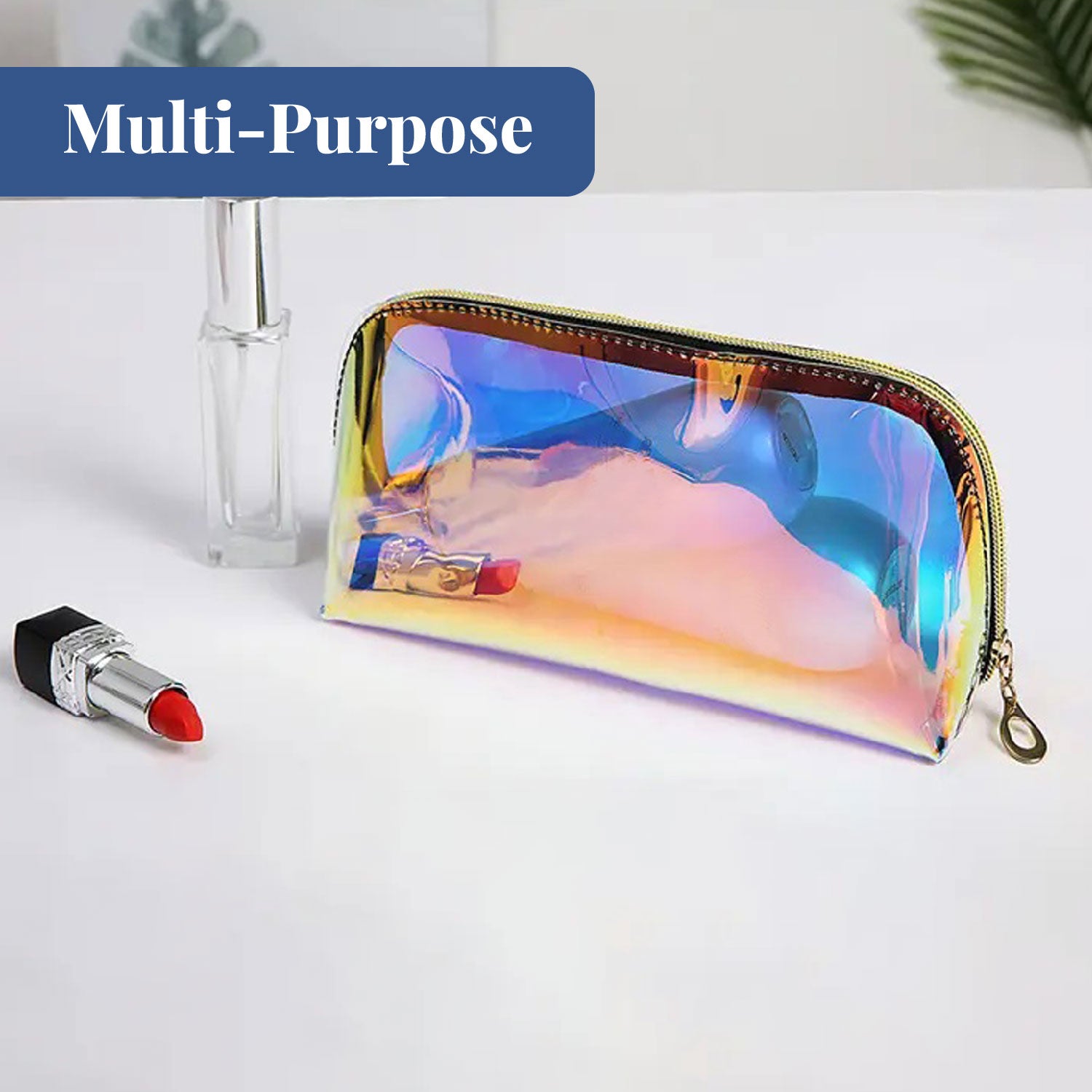 Glossy Glamer Holographic Pouch | Cosmetic Organizer with Zipper