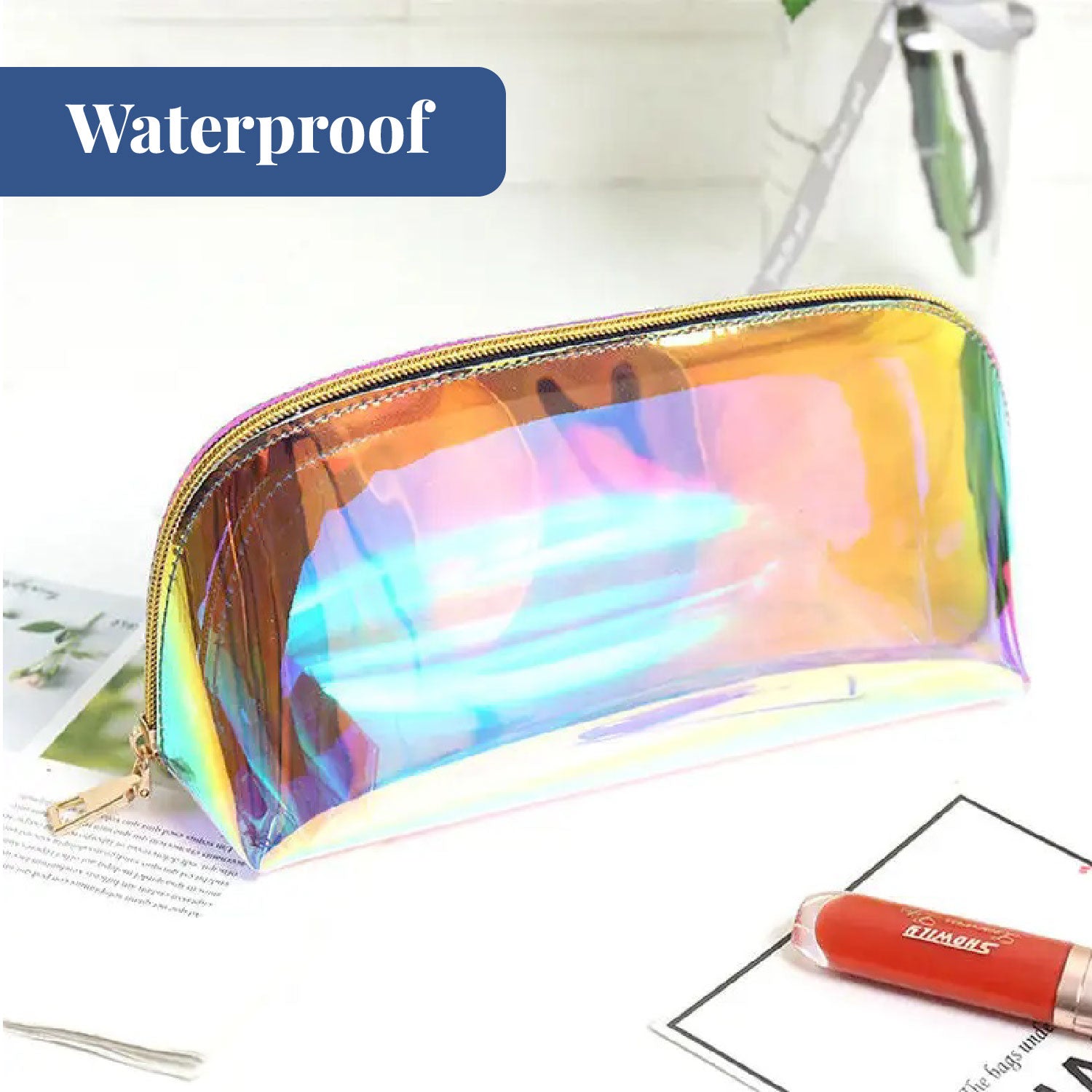 Glossy Glamer Holographic Pouch | Cosmetic Organizer with Zipper