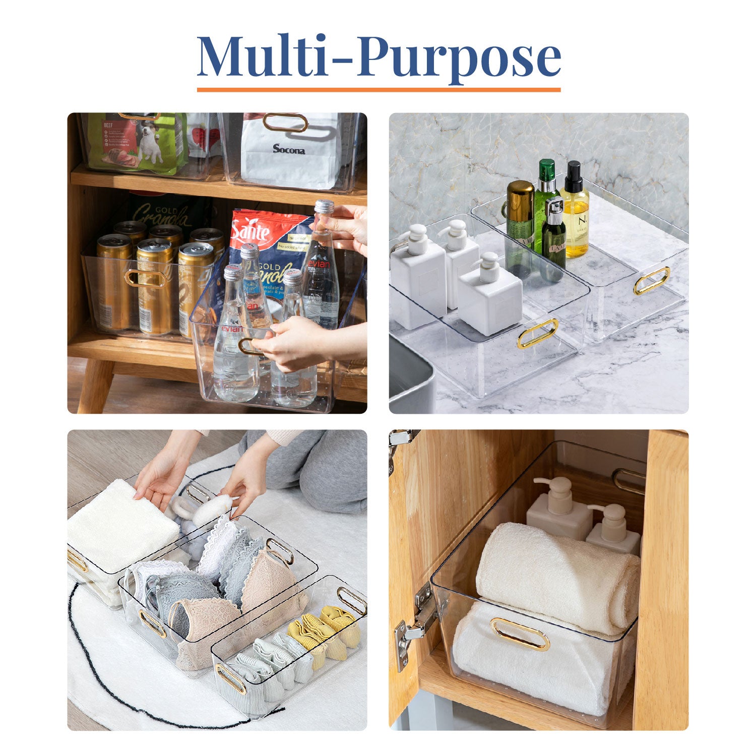 Glassy Bins | Set of 3, Transparent Storage Bins with Handle