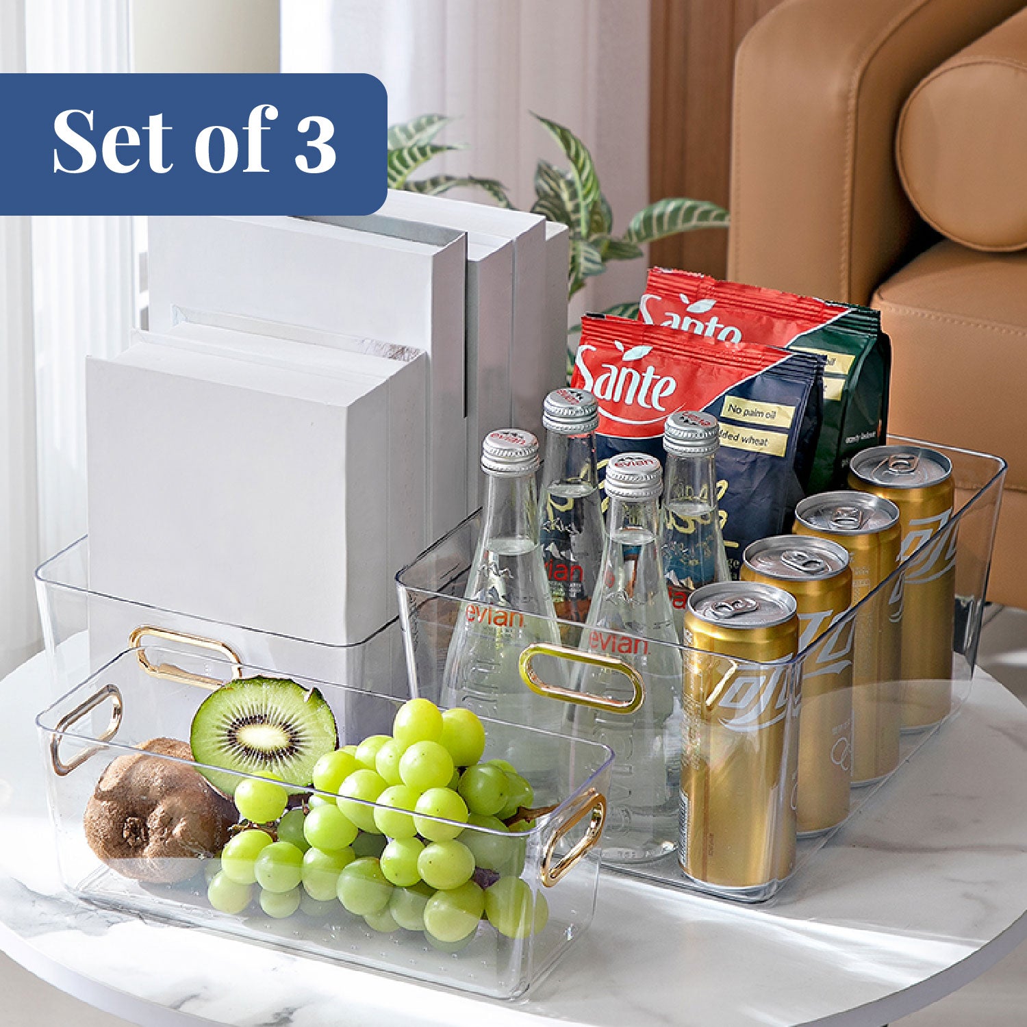 Glassy Bins | Set of 3, Transparent Storage Bins with Handle
