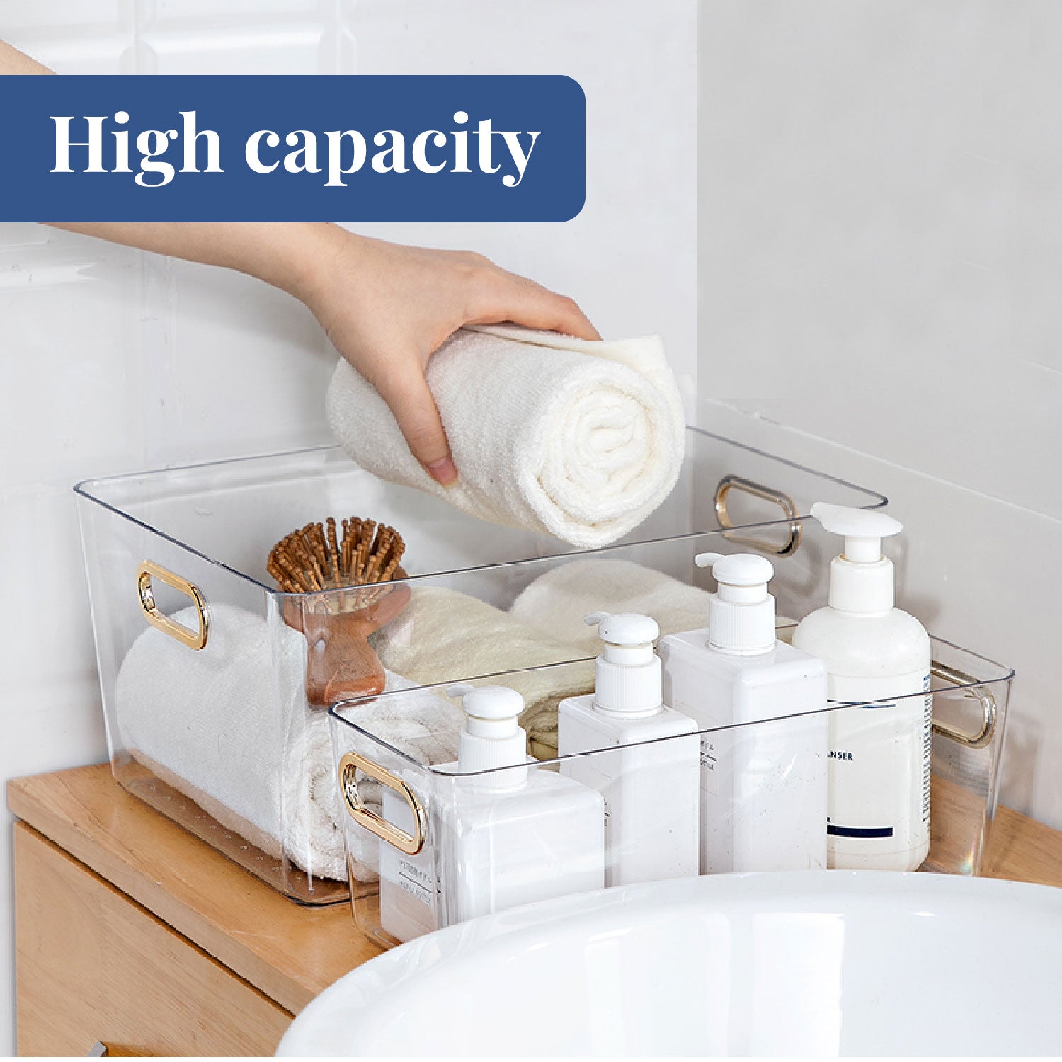 Glassy Bins | Set of 3, Transparent Storage Bins with Handle