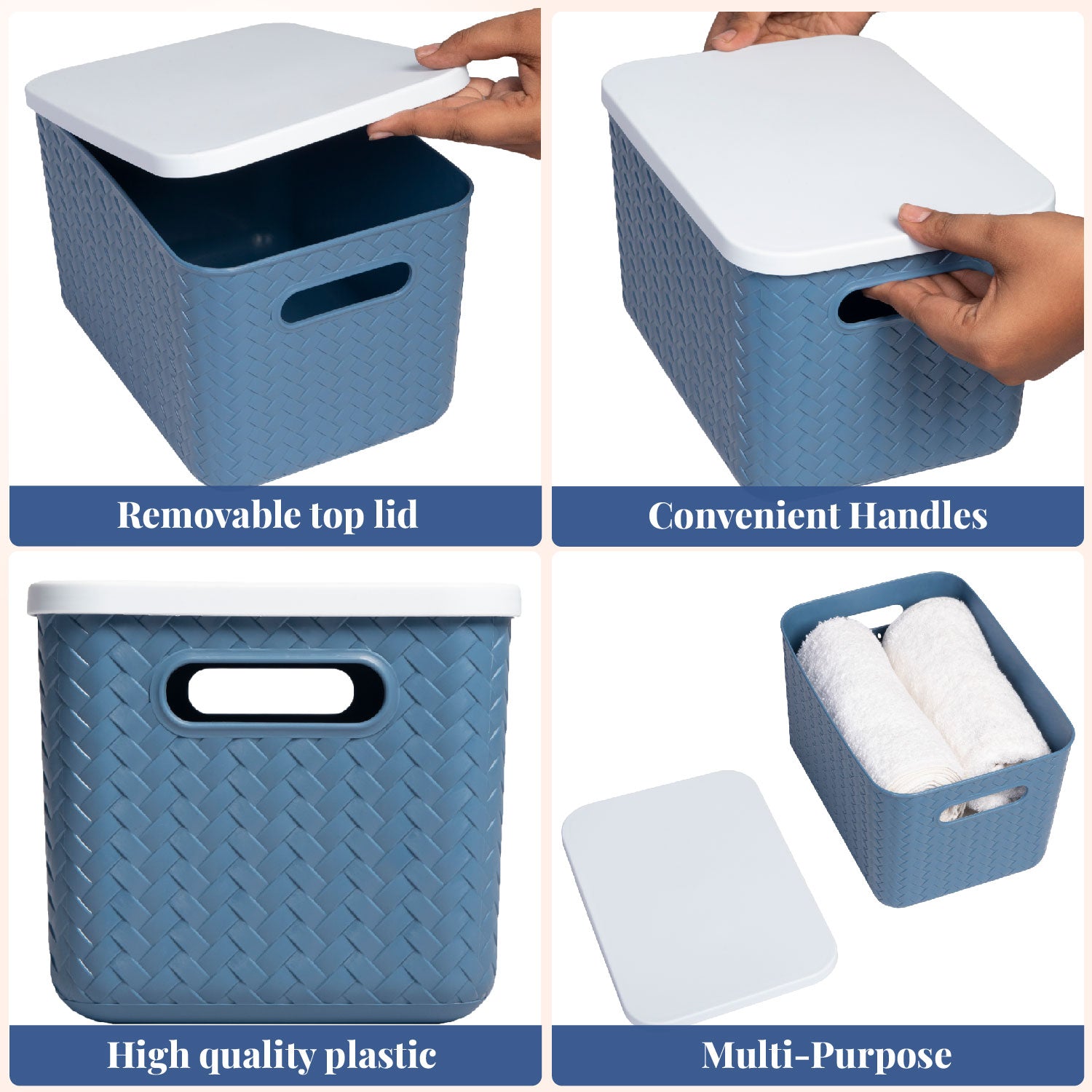 Hide & Seeker | Set of 3, Multipurpose Plastic Storage Baskets With Lid & Handle