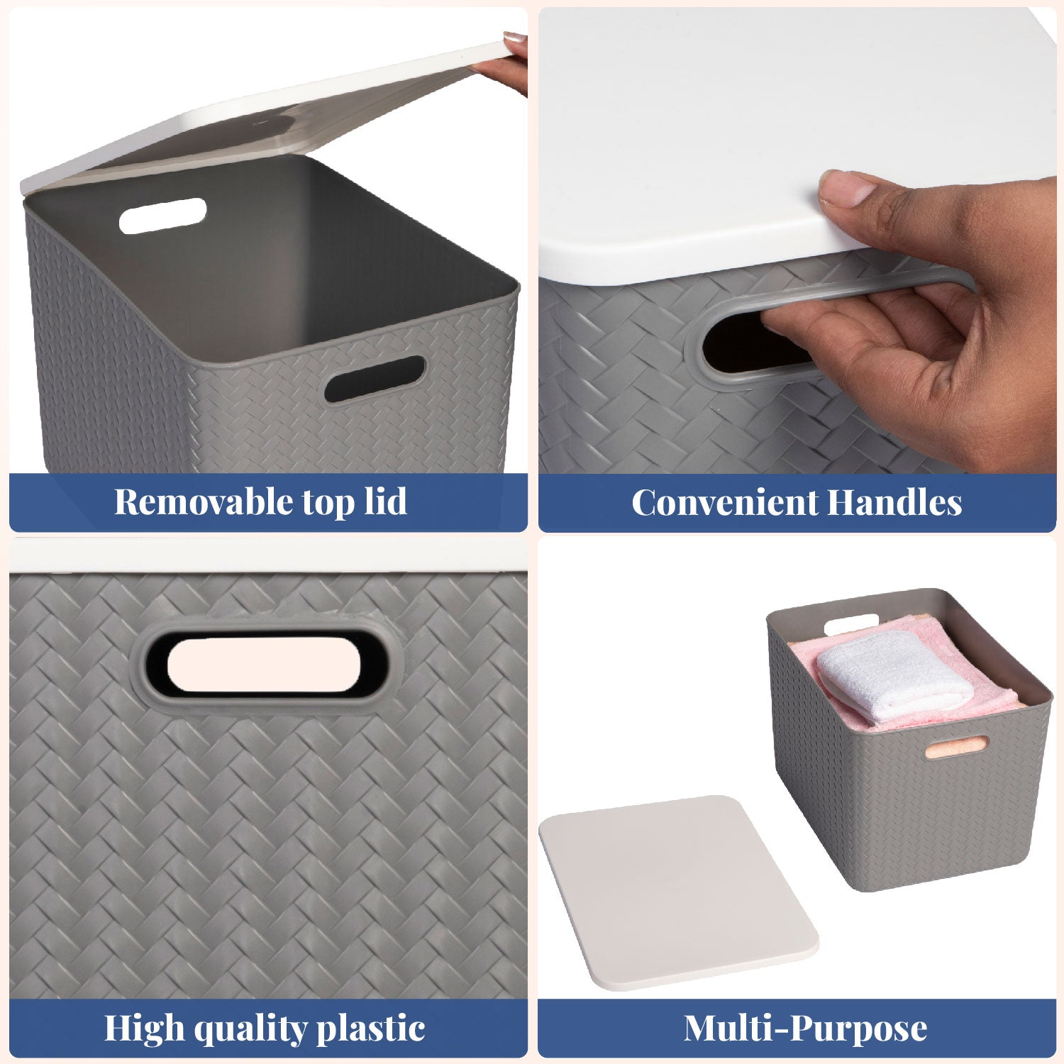 Hide & Seeker | Set of 3, Multipurpose Plastic Storage Baskets With Lid & Handle