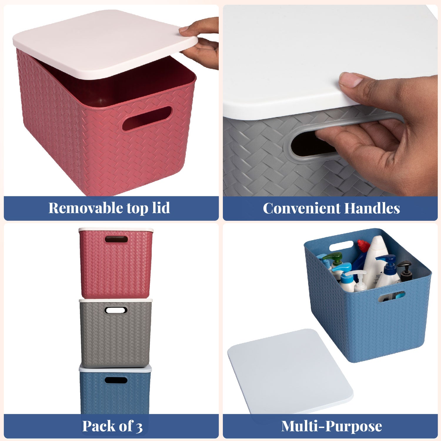 Hide & Seeker | Set of 3, Multipurpose Plastic Storage Baskets With Lid & Handle