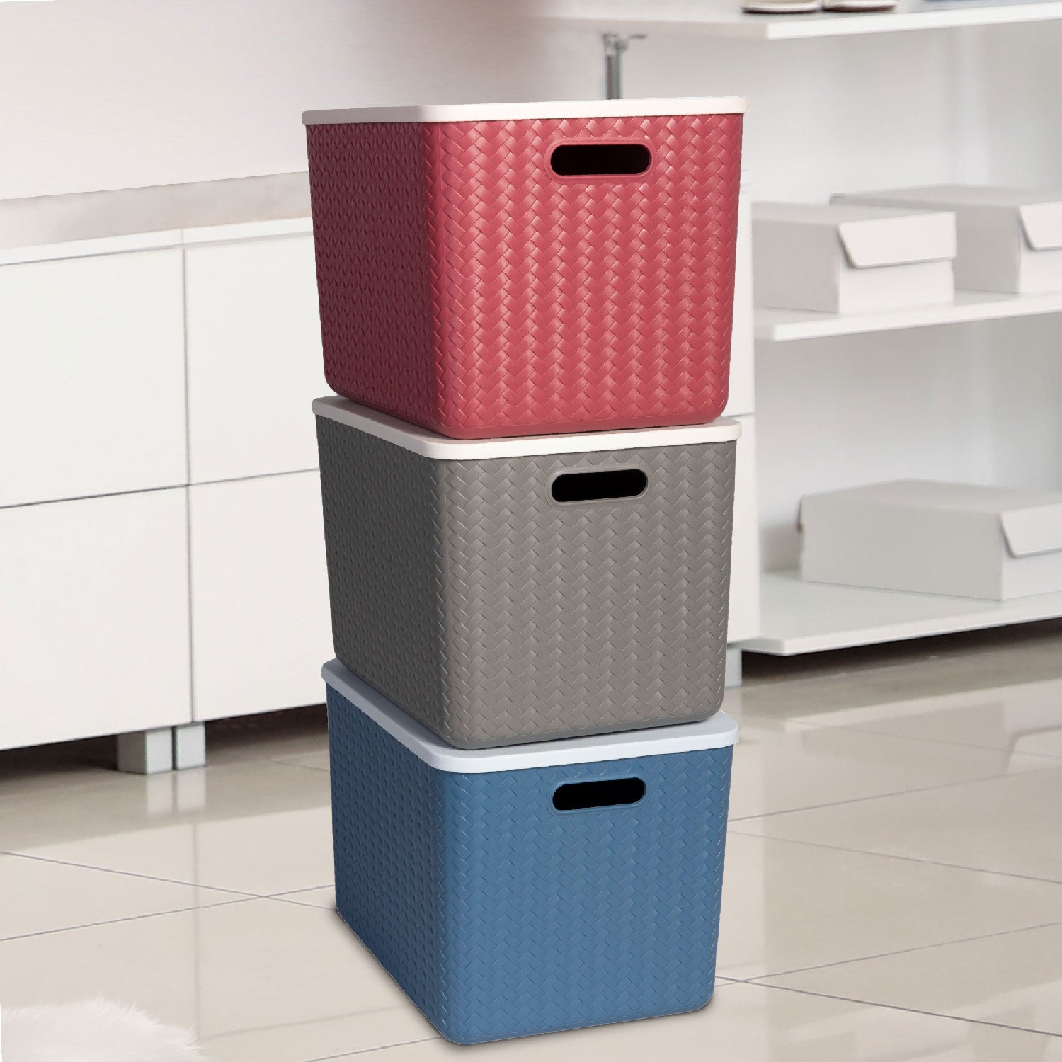 Hide & Seeker | Set of 3, Multipurpose Plastic Storage Baskets With Lid & Handle