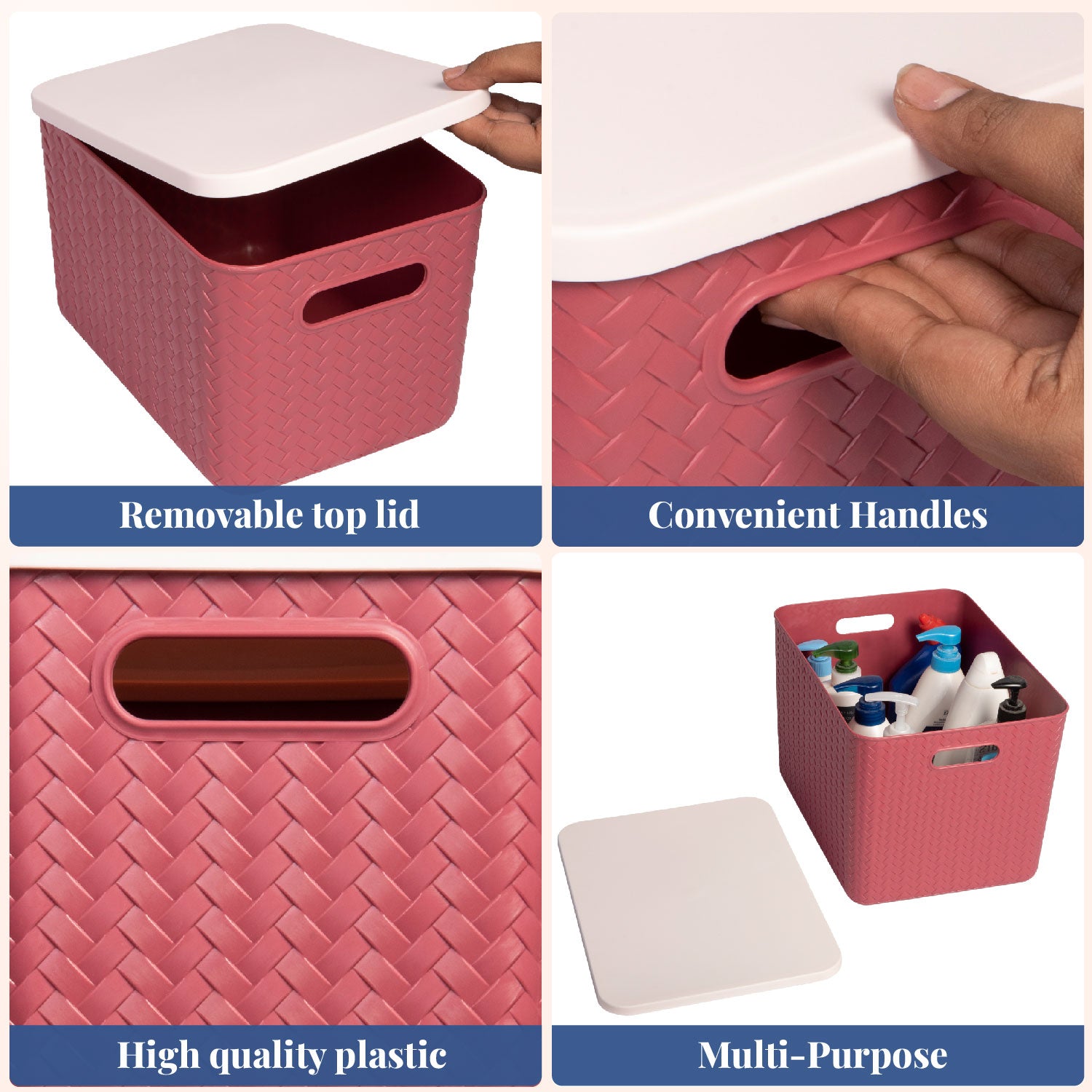 Hide & Seeker | Set of 3, Multipurpose Plastic Storage Baskets With Lid & Handle