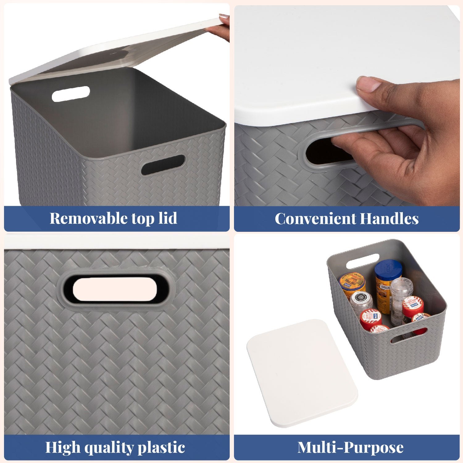 Hide & Seeker | Set of 3, Multipurpose Plastic Storage Baskets With Lid & Handle