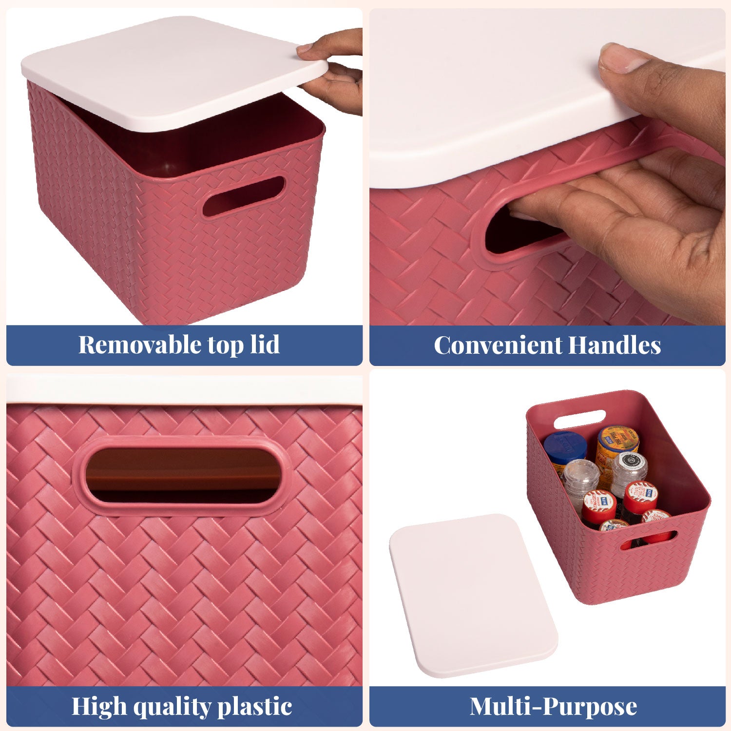 Hide & Seeker | Set of 3, Multipurpose Plastic Storage Baskets With Lid & Handle