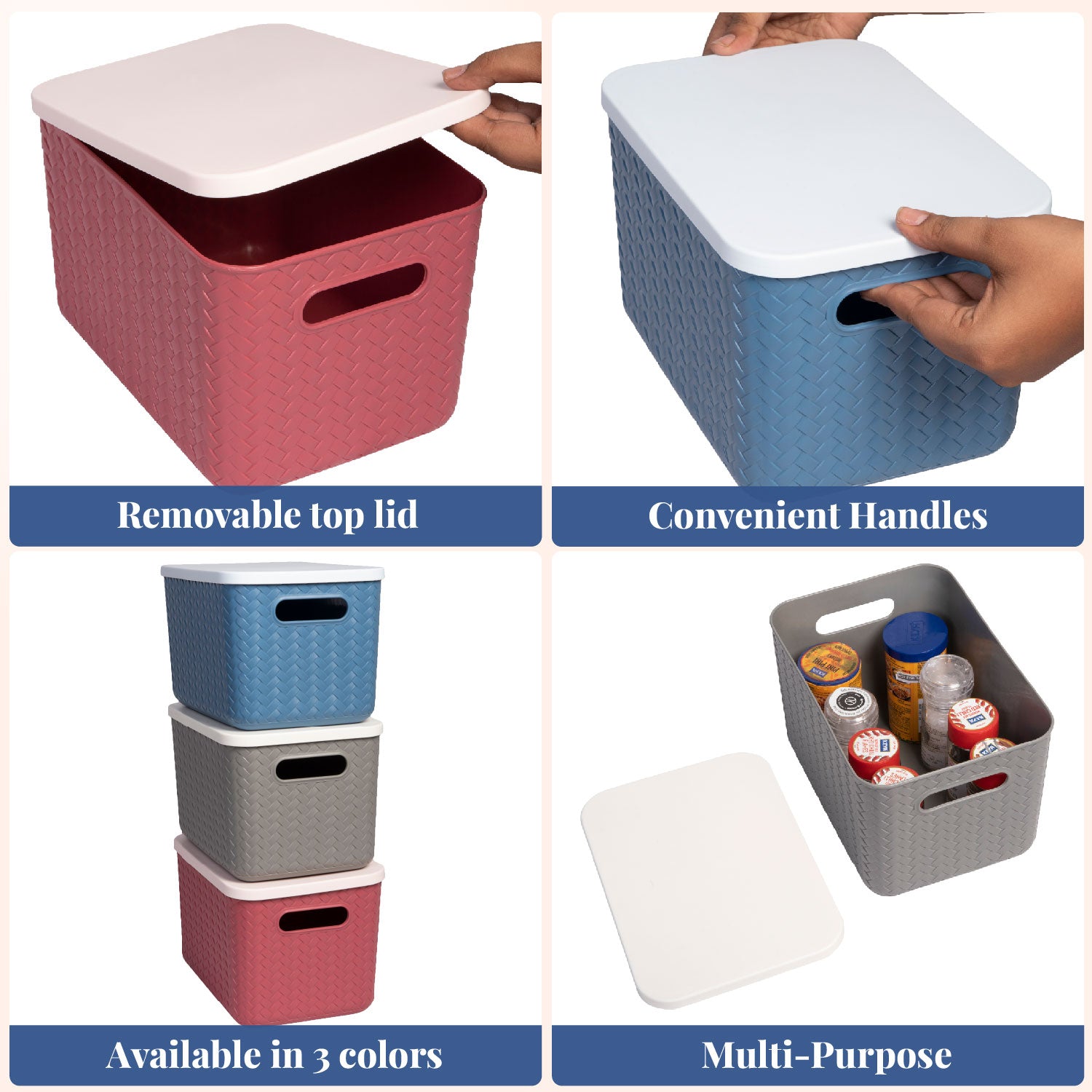 Hide & Seeker | Set of 3, Multipurpose Plastic Storage Baskets With Lid & Handle