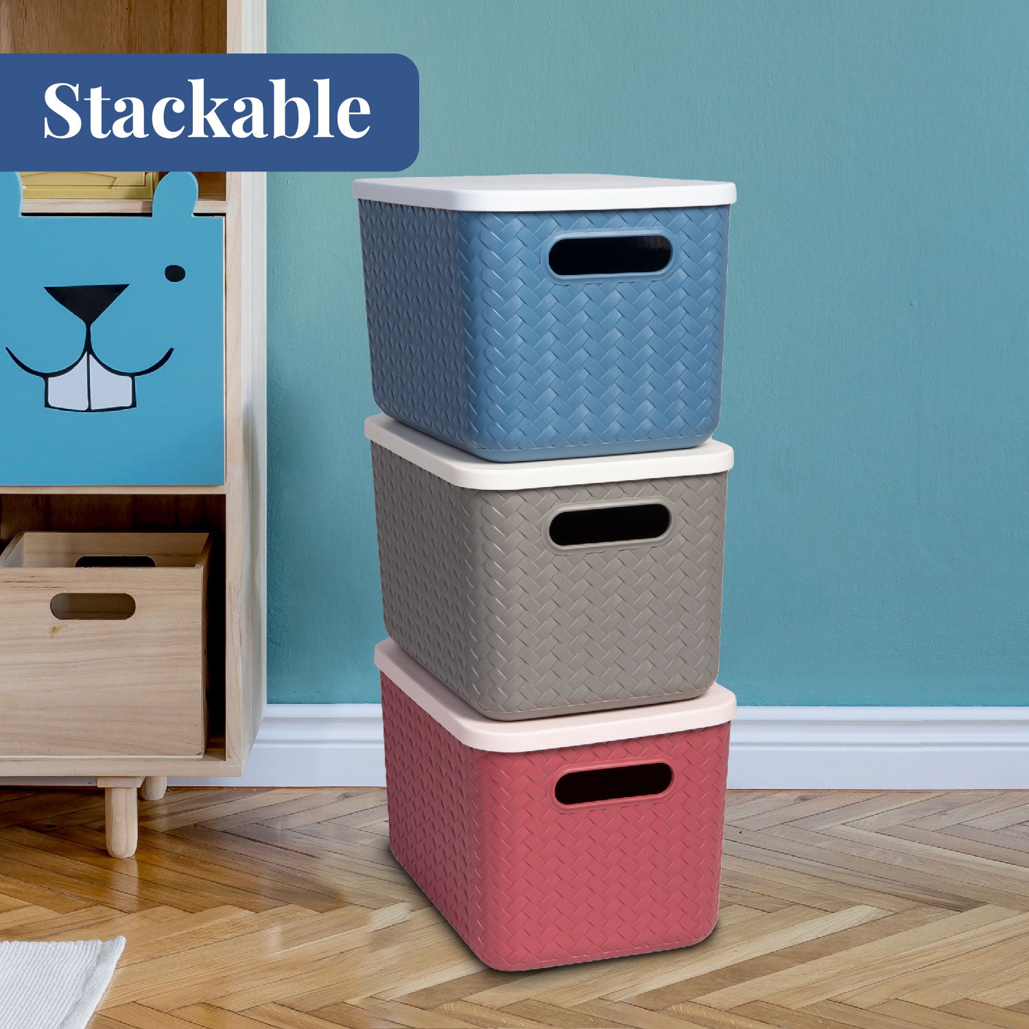 Hide & Seeker | Set of 3, Multipurpose Plastic Storage Baskets With Lid & Handle