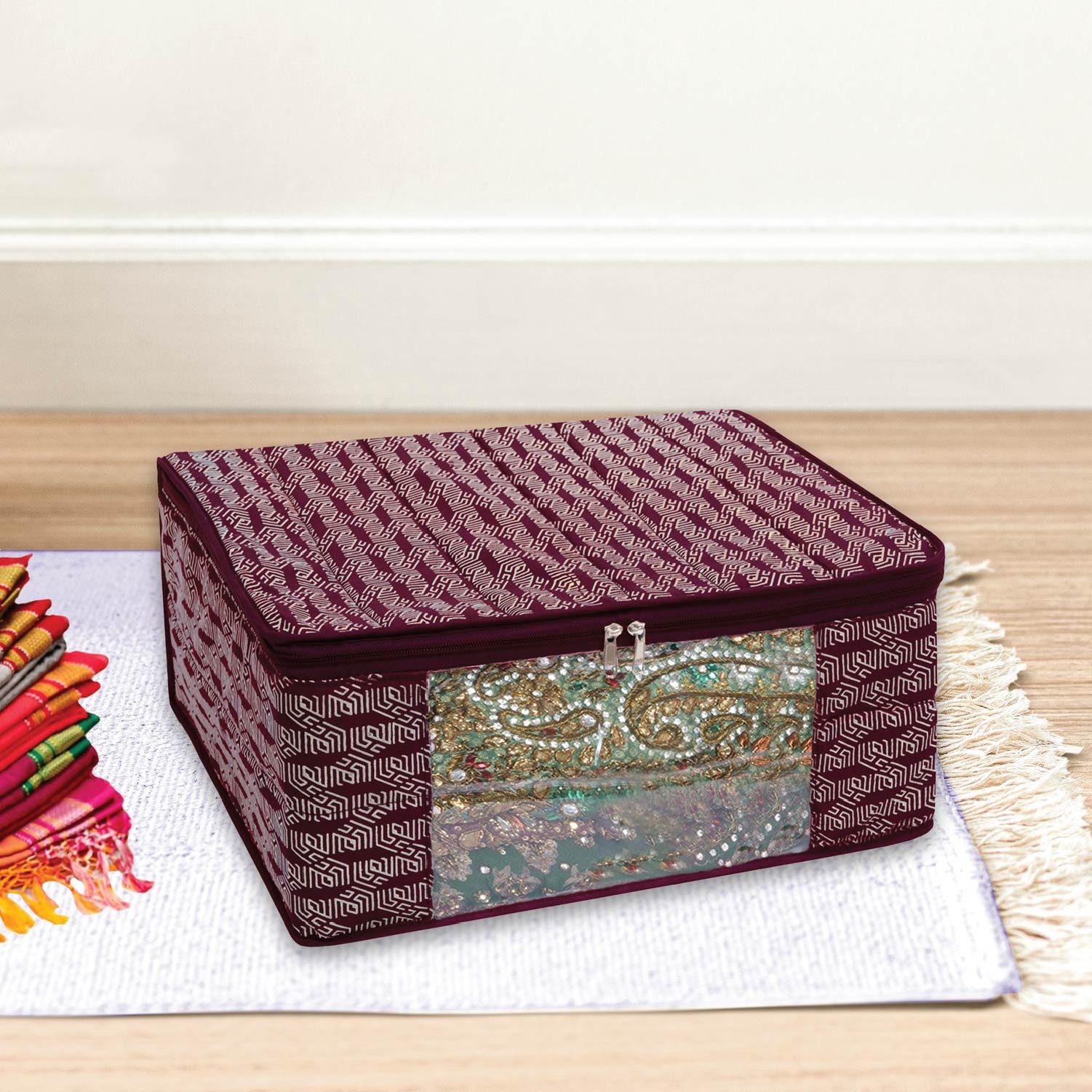 Combo of 1 pc of Hamper Helper | Foldable Laundry Bag with Handle, 2pc of Underbed Organizer | Blanket, Pillow Storage Bag and 2pc of 3 Layered Cotton Quilted Saree Cover