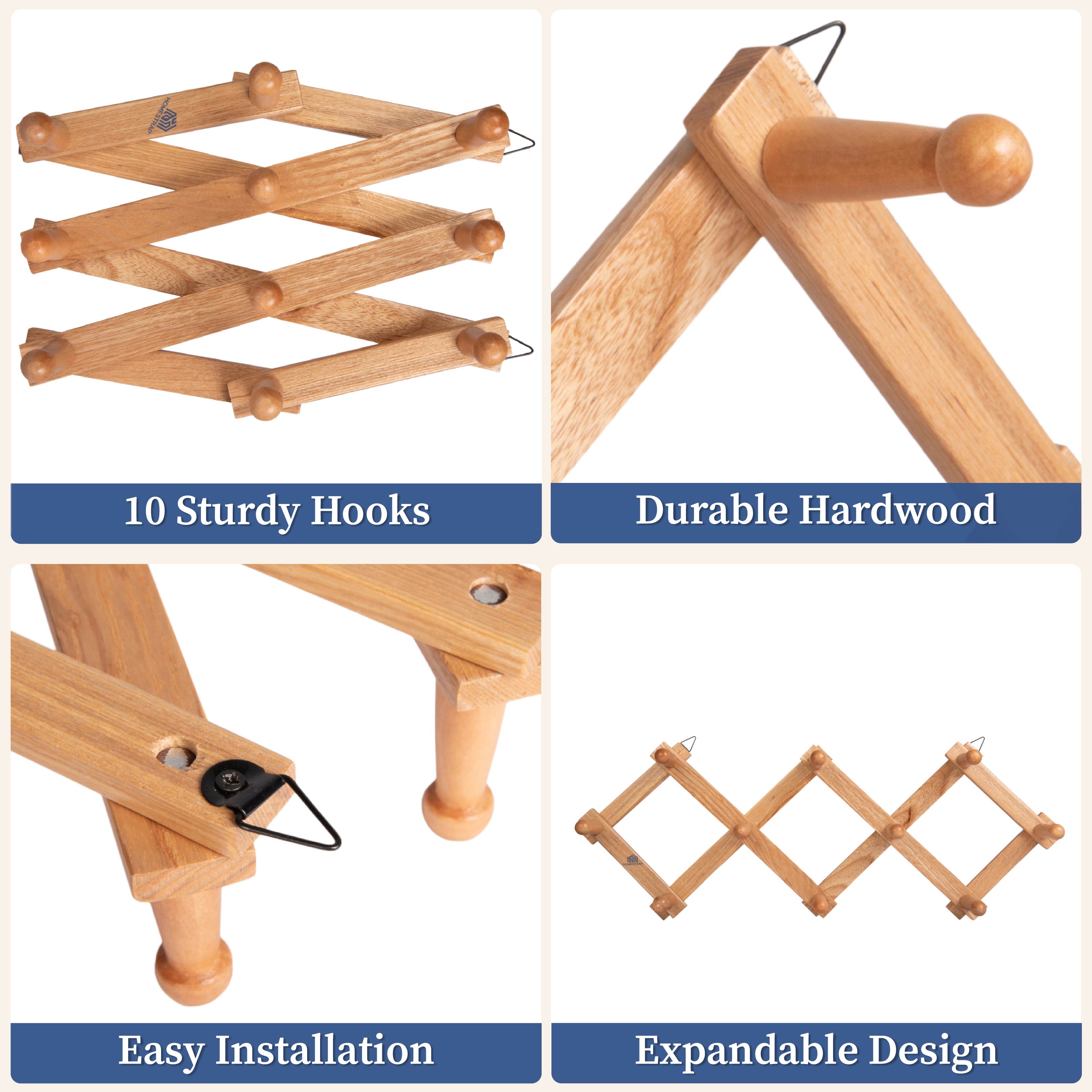 Wooden 10 Hook Expandable Wall Hanger