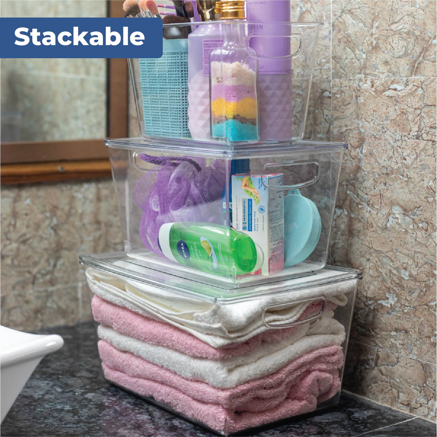 Set of 3, Transparent Tub | Plastic Storage Bins With lids