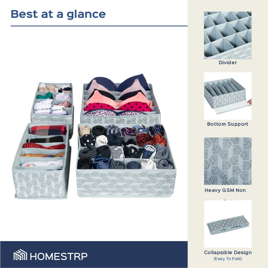 Set of 4 Drawer Organizer for Undergarments, Socks, Scarfs & Tie