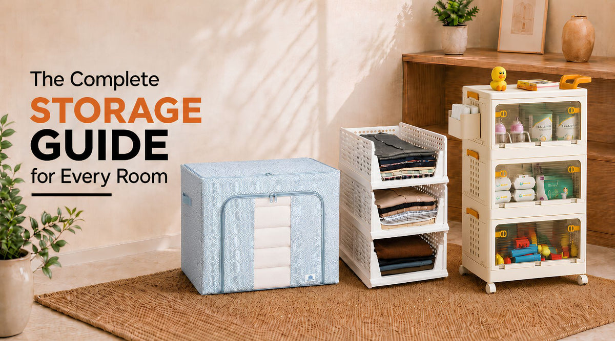Modern home storage solutions featuring a fabric storage box, stackable foldable storage baskets, and a rolling plastic storage cabinet, organised in a stylish living room under the heading 'The Complete Storage Guide for Every Room