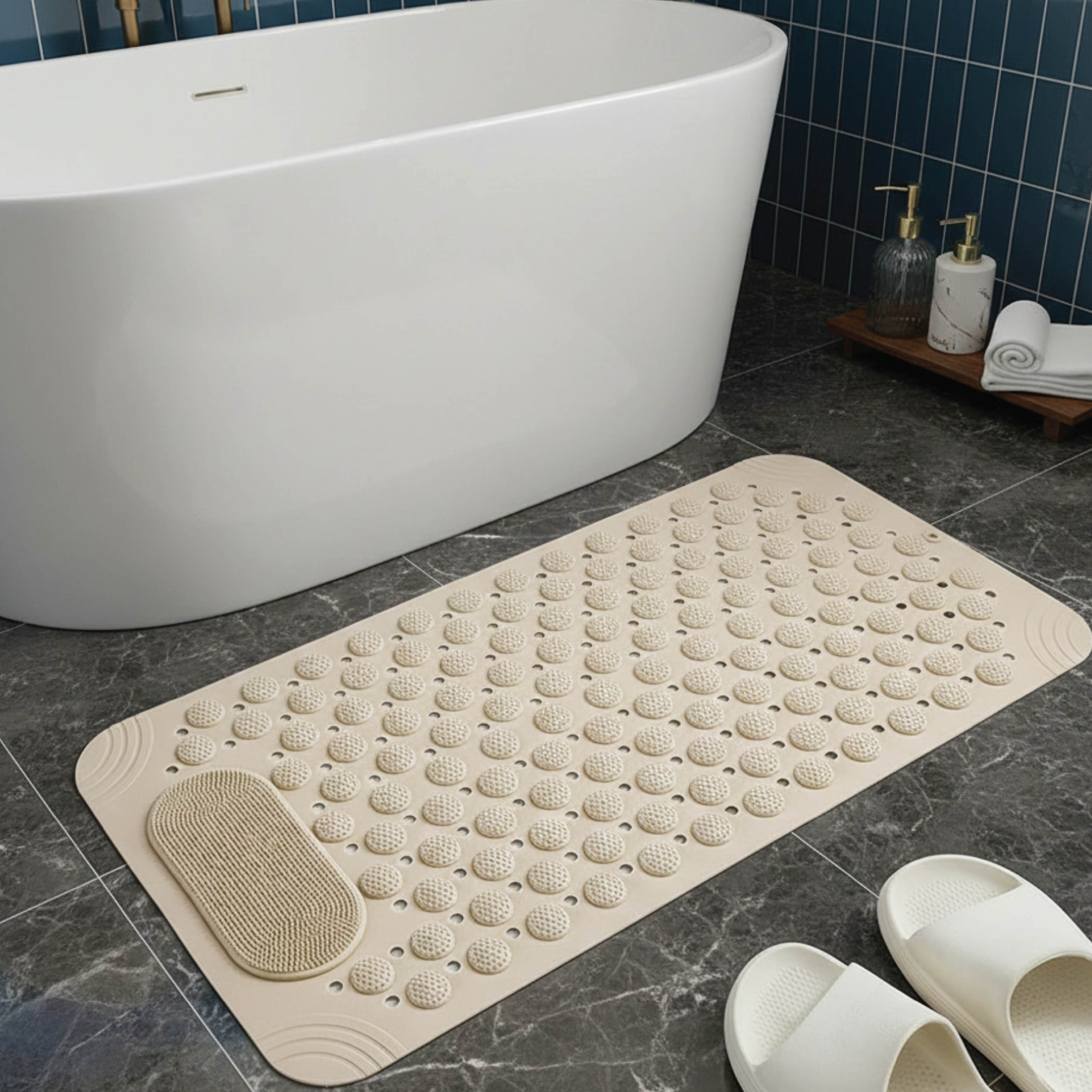 Anti-Skid Shower Mat with Suction Cups & Foot Scrubber