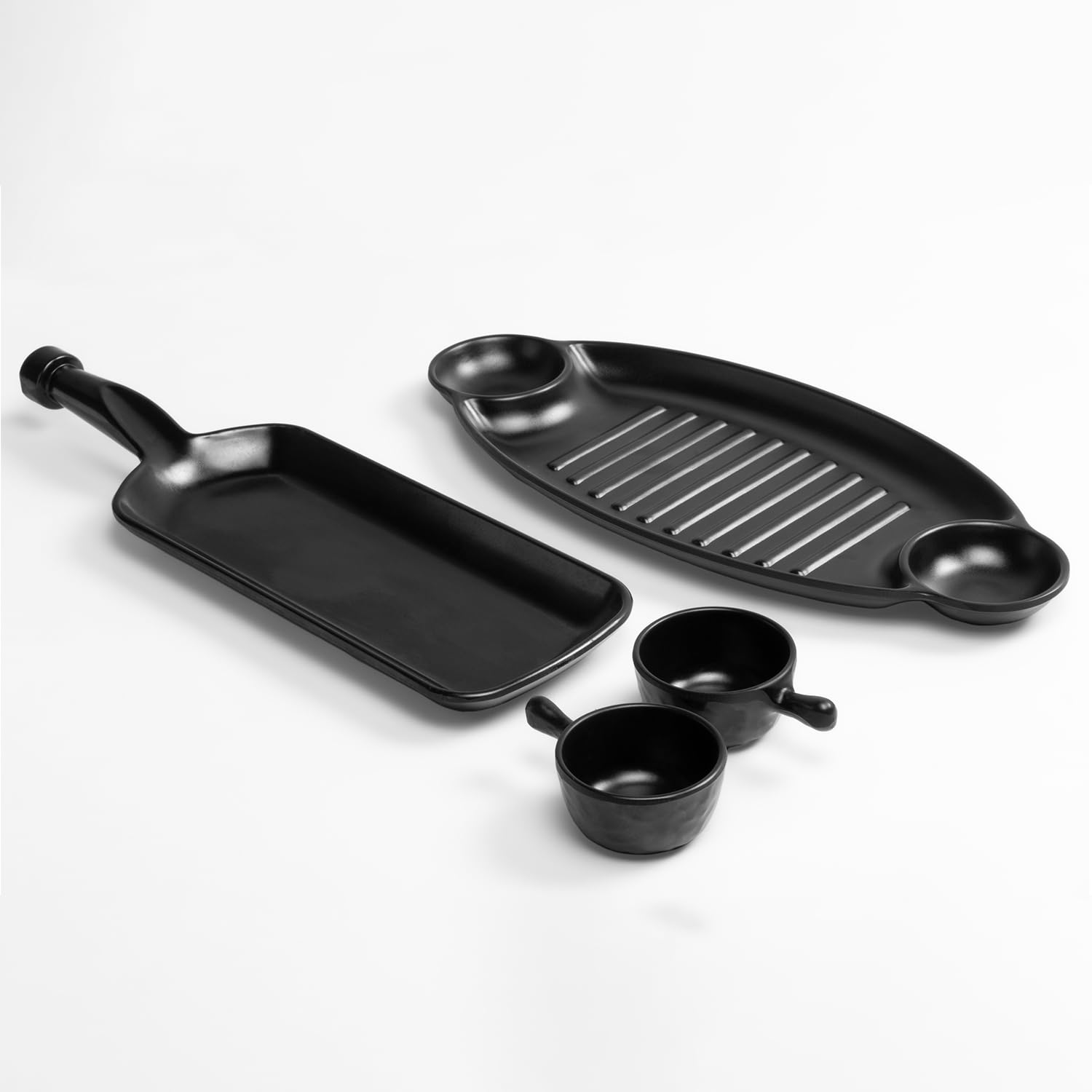 4-Piece Melamine Serving Platter Set | Black Leaf & Bottle Shape Platters with 2 Dip Bowls