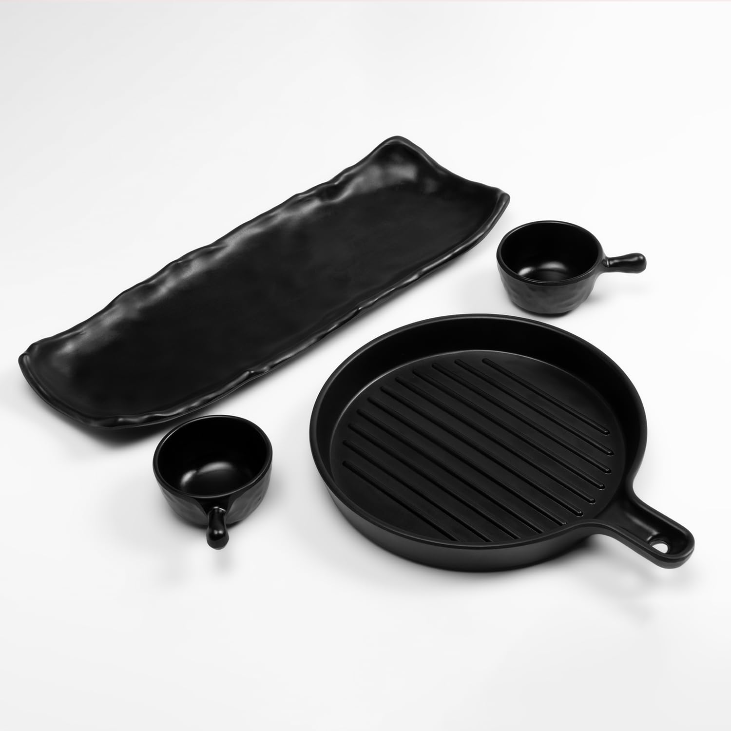 4 Piece Black Melamine Serving Platter Set | Round Pan & Rectangular Platters with 2 Dip Cups