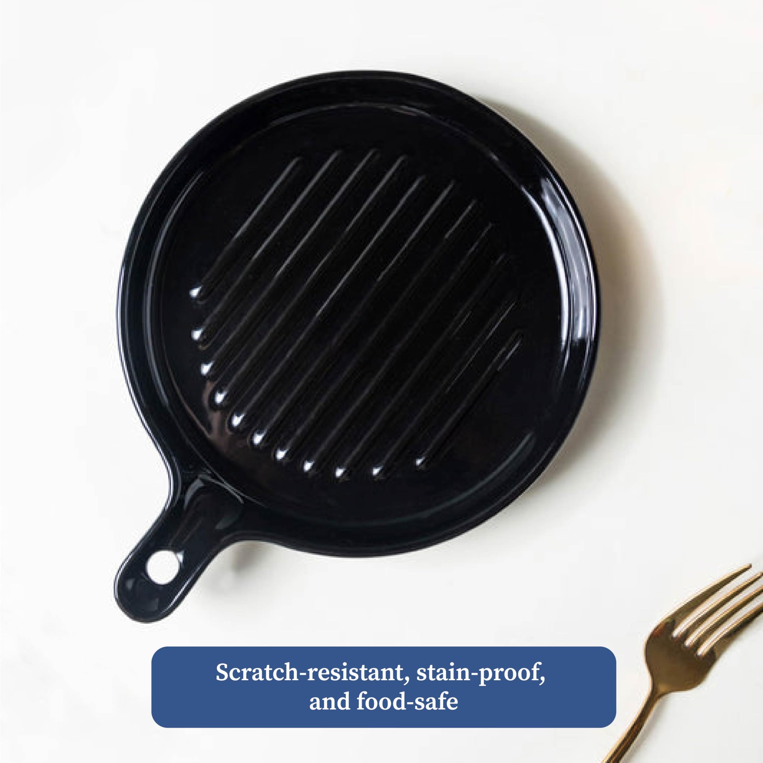 4 Piece Black Melamine Serving Platter Set | Round Pan & Rectangular Platters with 2 Dip Cups