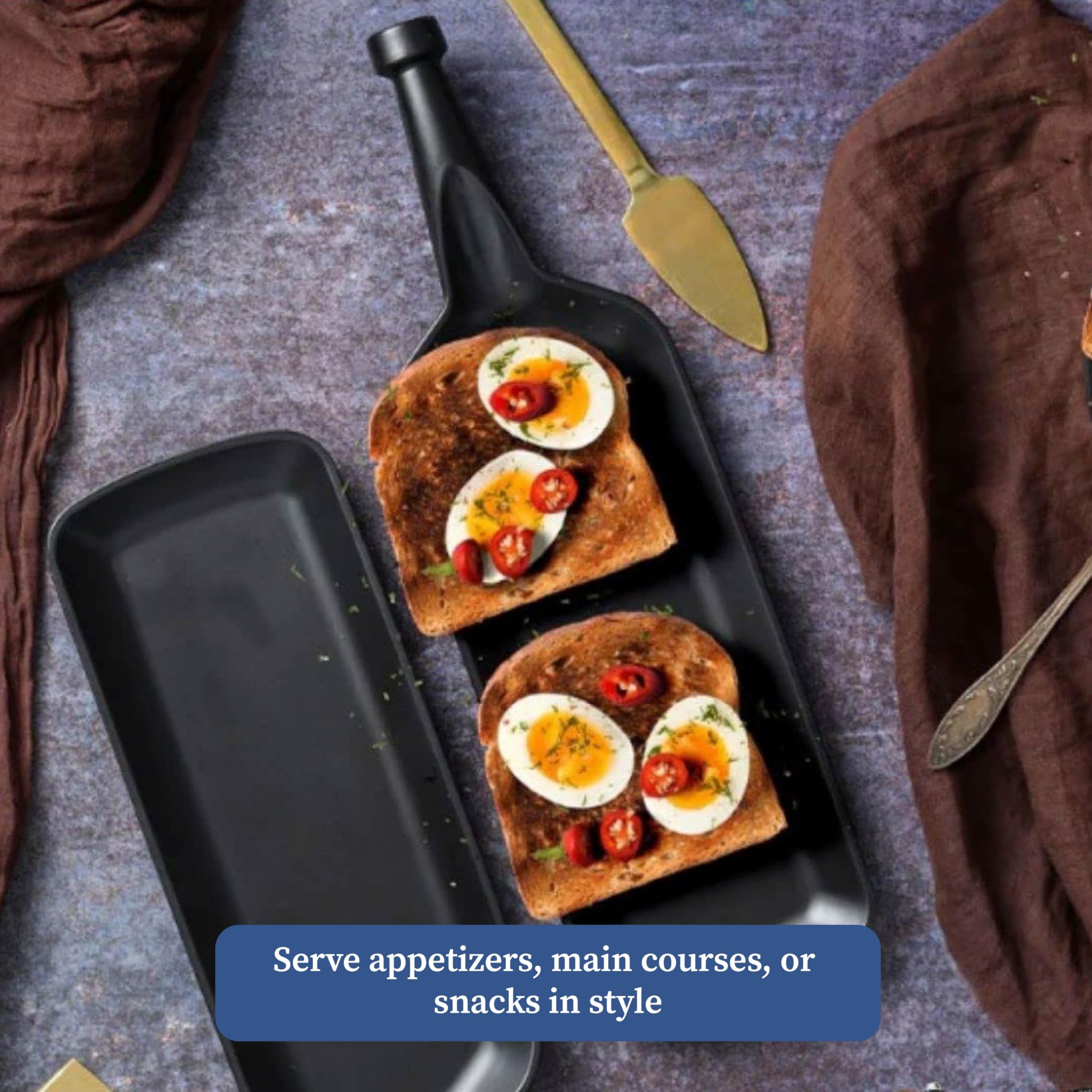 4-Piece Melamine Serving Platter Set | Black Leaf & Bottle Shape Platters with 2 Dip Bowls