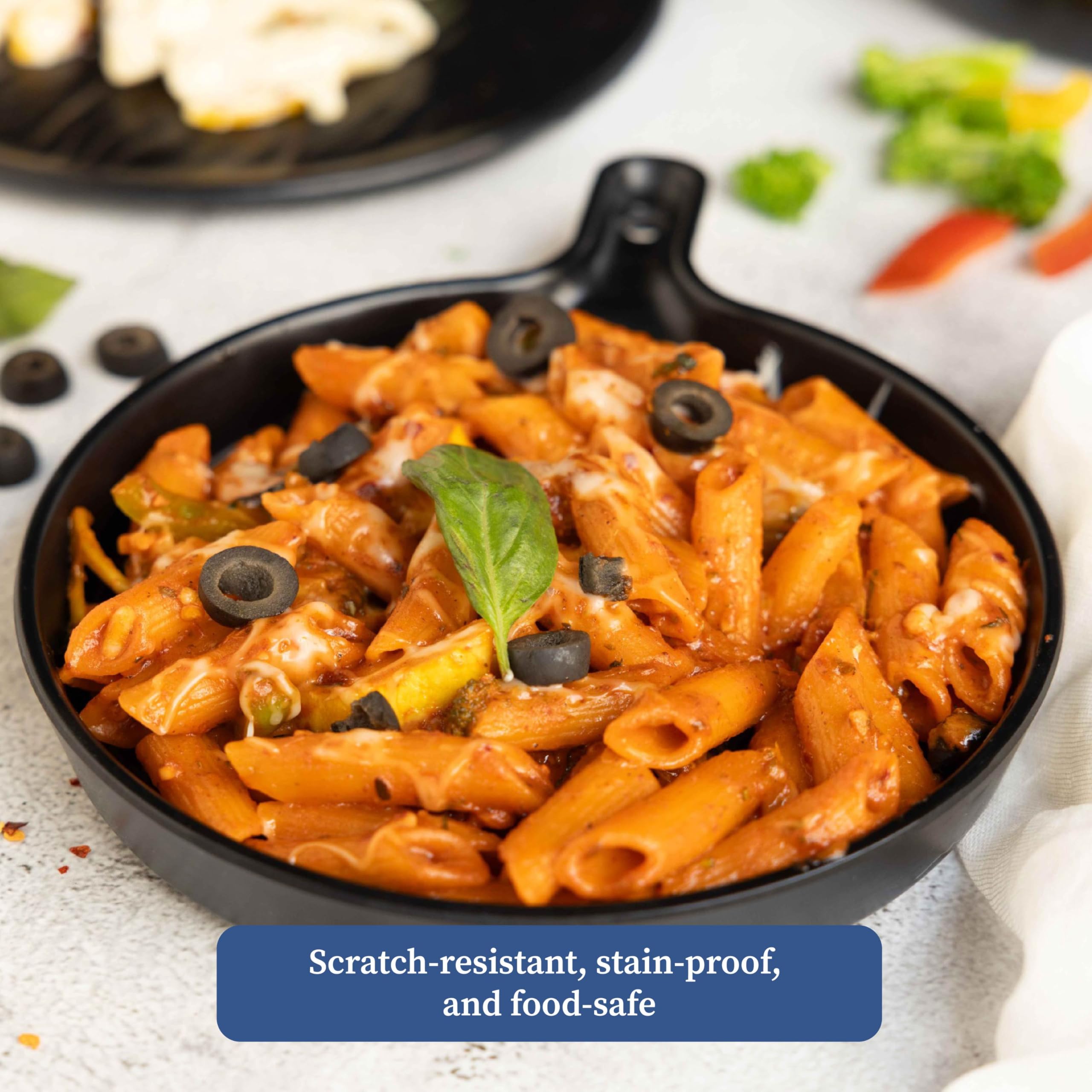 4 Piece Black Melamine Serving Platter Set | Round Pan & Rectangular Platters with 2 Dip Cups