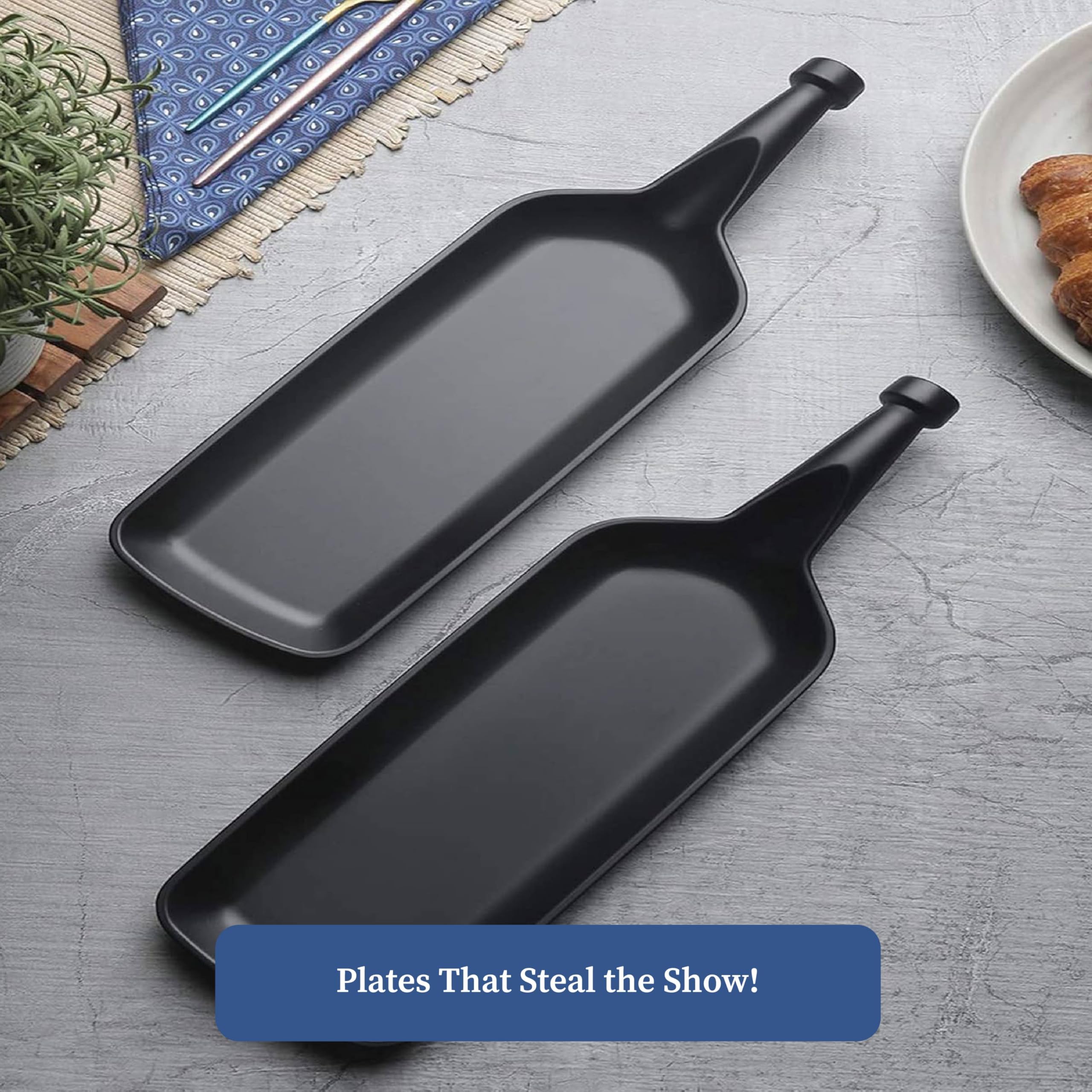 4-Piece Melamine Serving Platter Set | Black Leaf & Bottle Shape Platters with 2 Dip Bowls