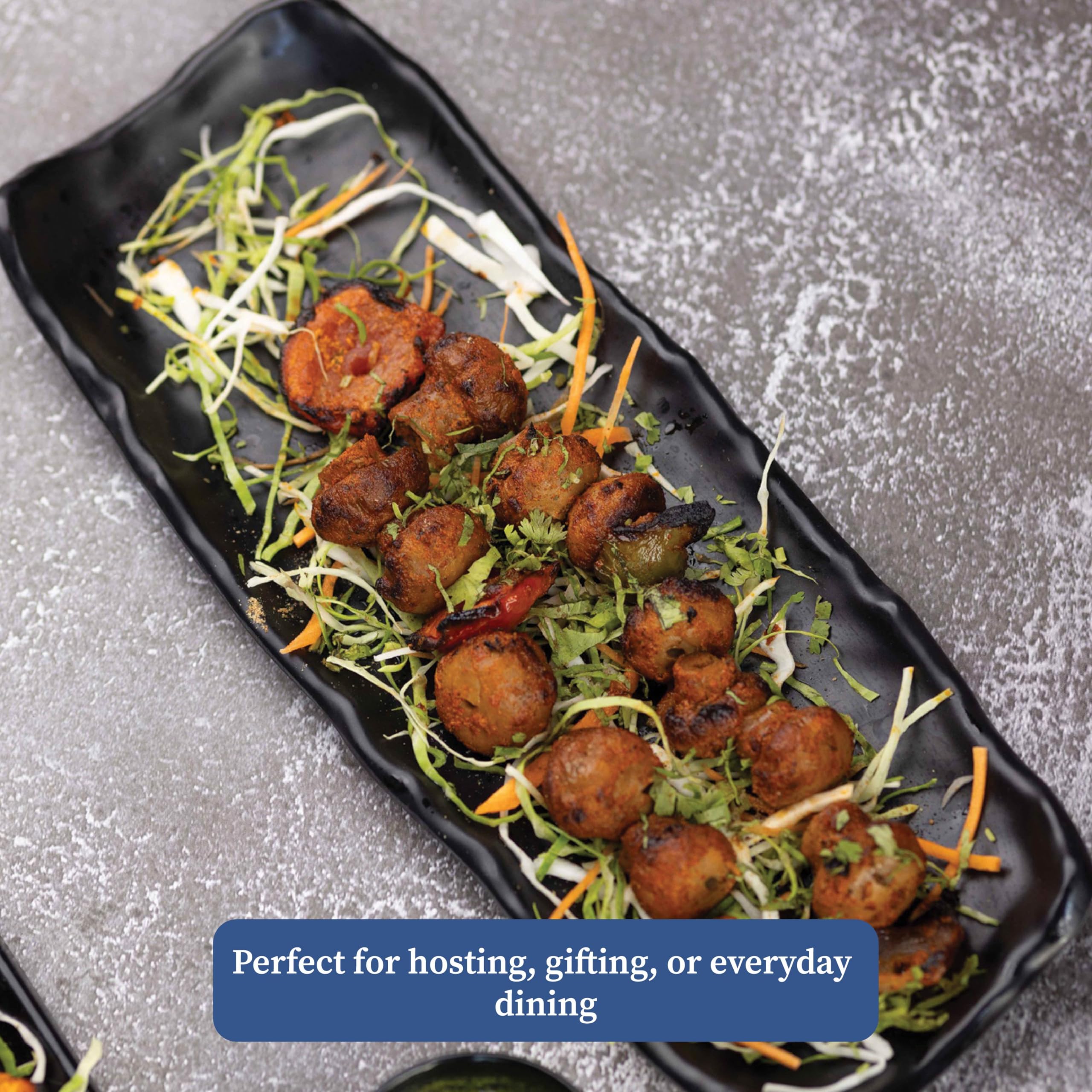 4 Piece Black Melamine Serving Platter Set | Round Pan & Rectangular Platters with 2 Dip Cups