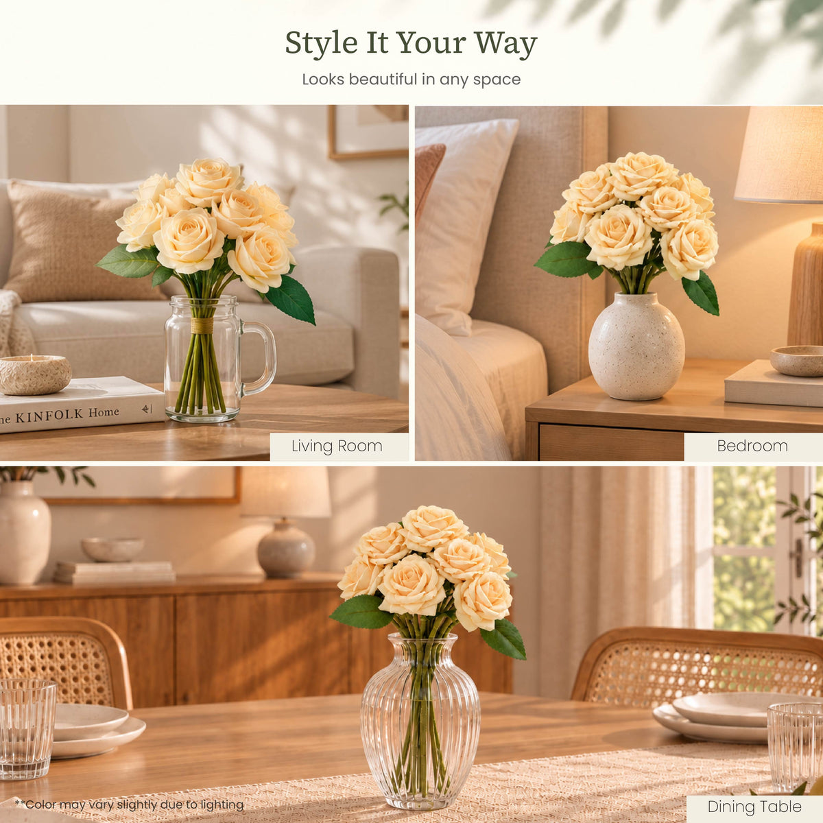 Champagne Ivory Rose Artificial Flower Bunch | Set of 2