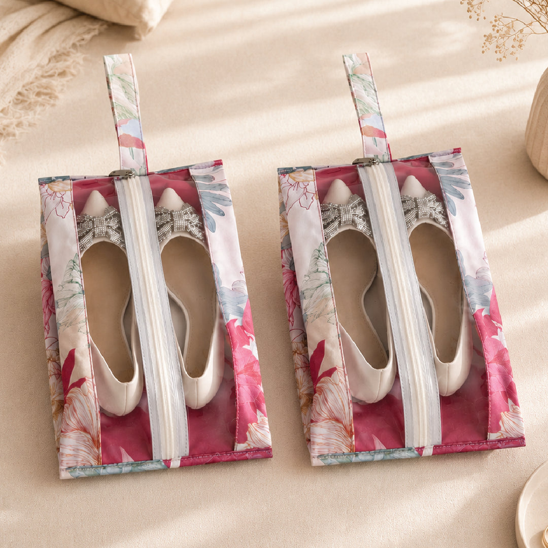 Homestrap Gulmohar floral shoe pouch for travel and footwear storage with transparent zipper window and handle