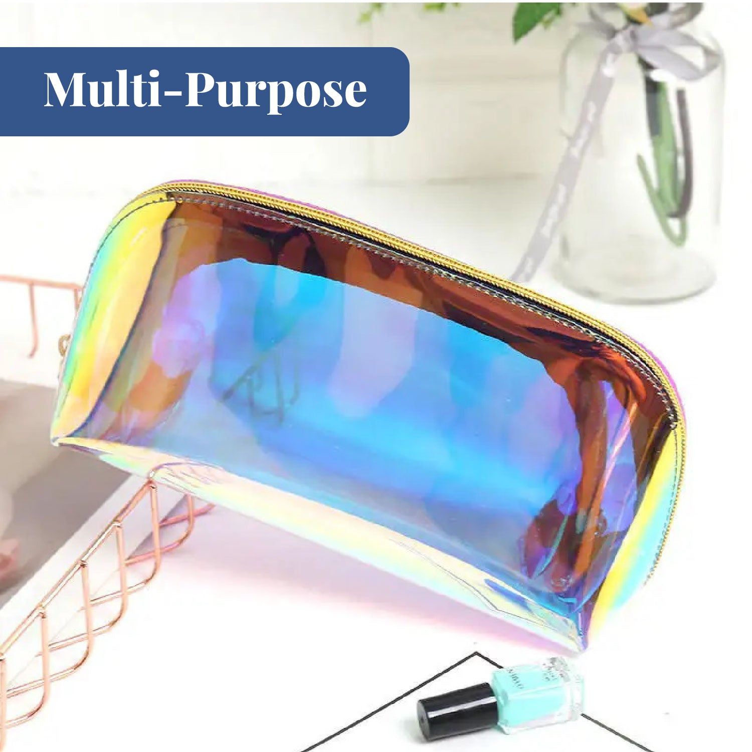 Glossy Glamer Holographic Pouch | Cosmetic Organizer with Zipper