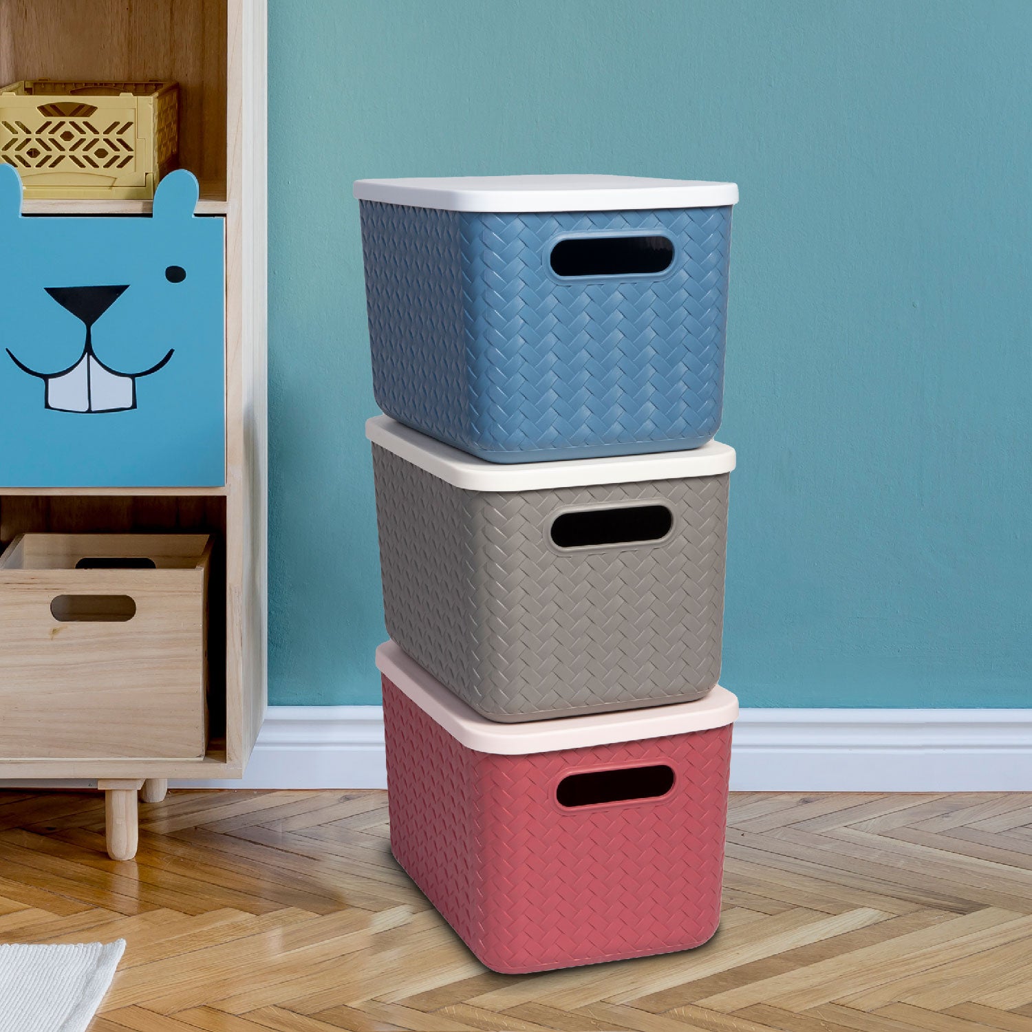 Hide & Seeker | Set of 3, Multipurpose Plastic Storage Baskets With Lid & Handle