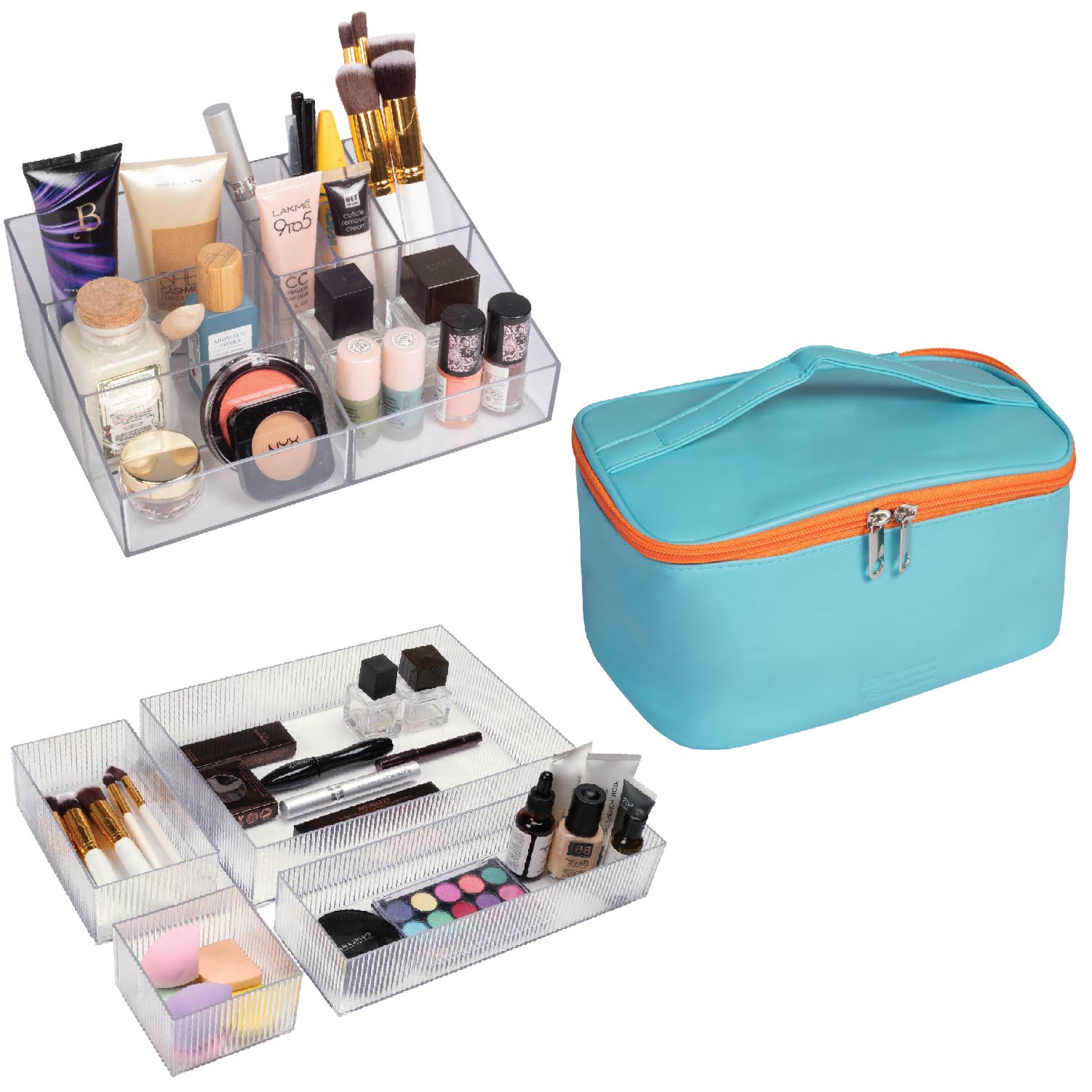 Combo of 1pc of Acrylic Makeup/Cosmetics Organizer, 4pc of Drawer Organizer & 1pc of Carry All Case, Large Toiletry Bag Organizer