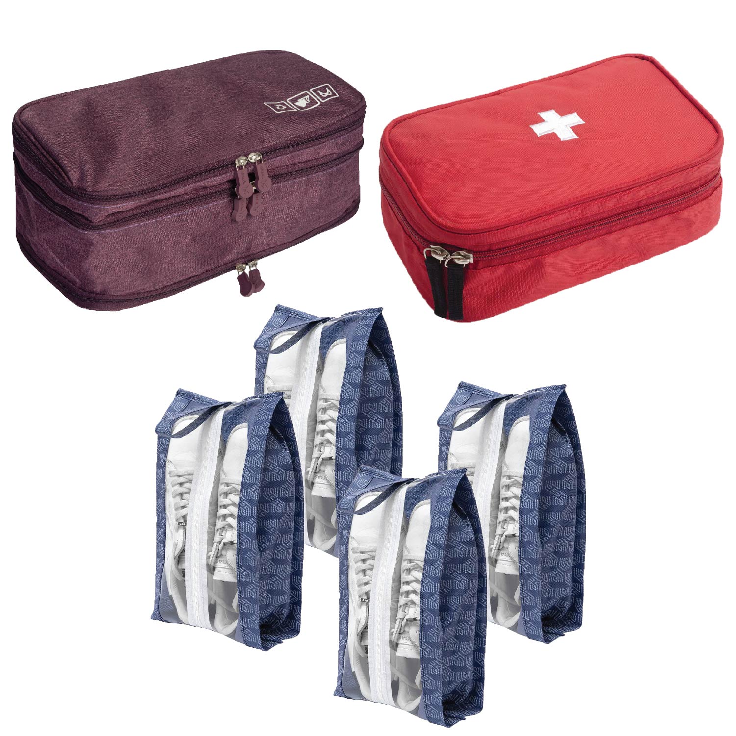 Combo of 1pc of First Aid Kit, 4pc of Shoe Bag for Travel & 1pc of  3-tier Undergarment Organizer Travel bag