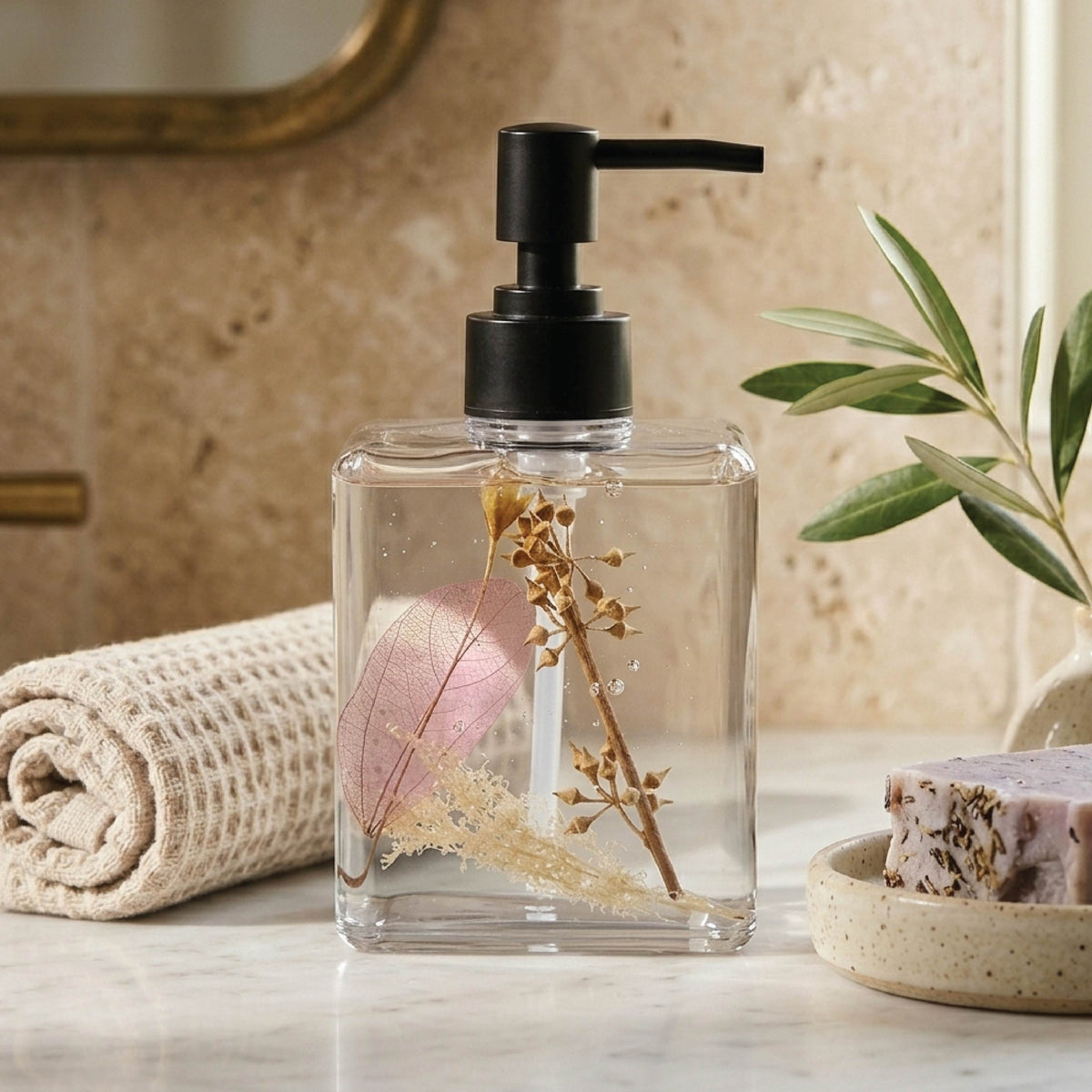 Transparent Liquid Soap Dispenser with Leaf Design - Homestrap