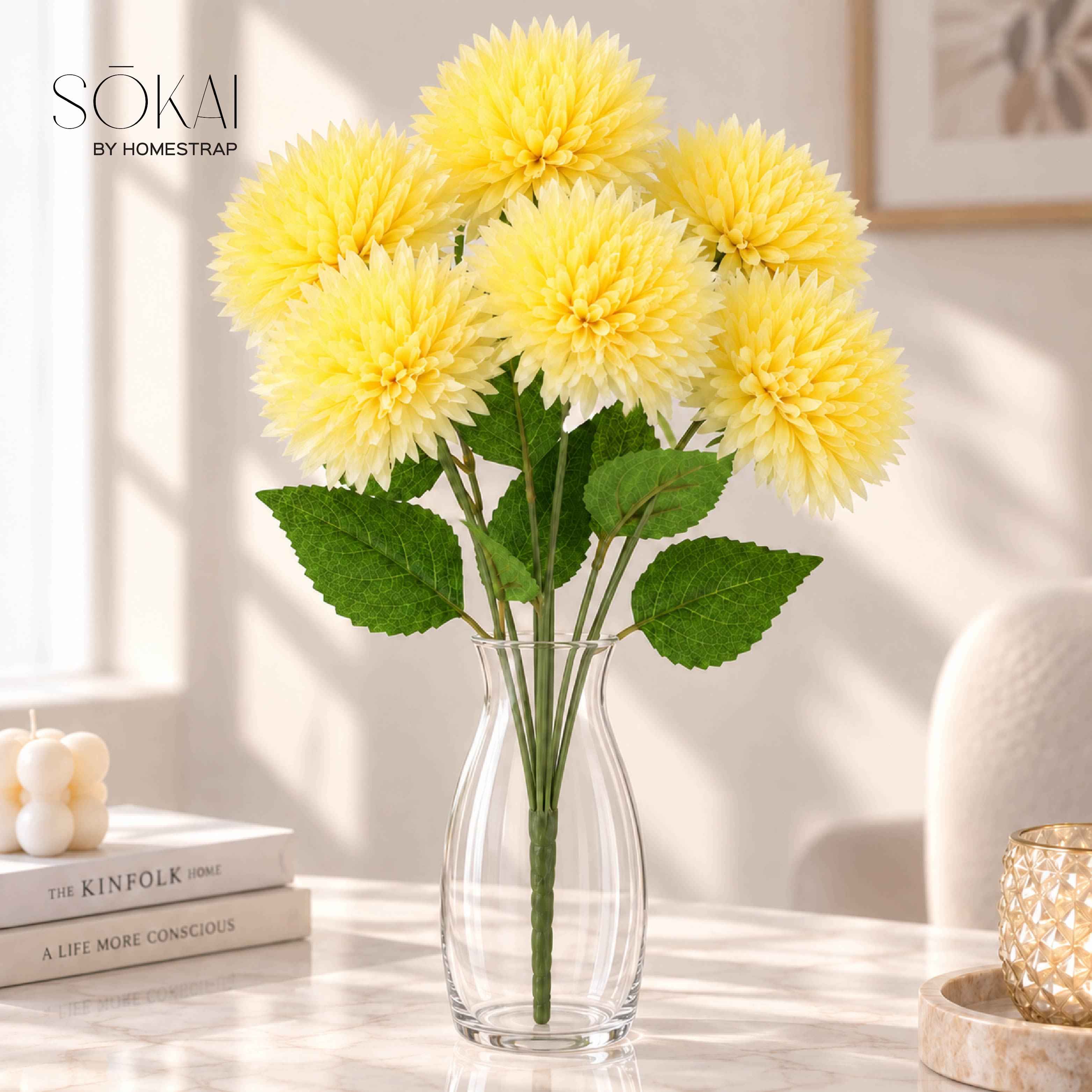 Butter Yellow Pom Pom Artificial Flower Bunch | Set of 2