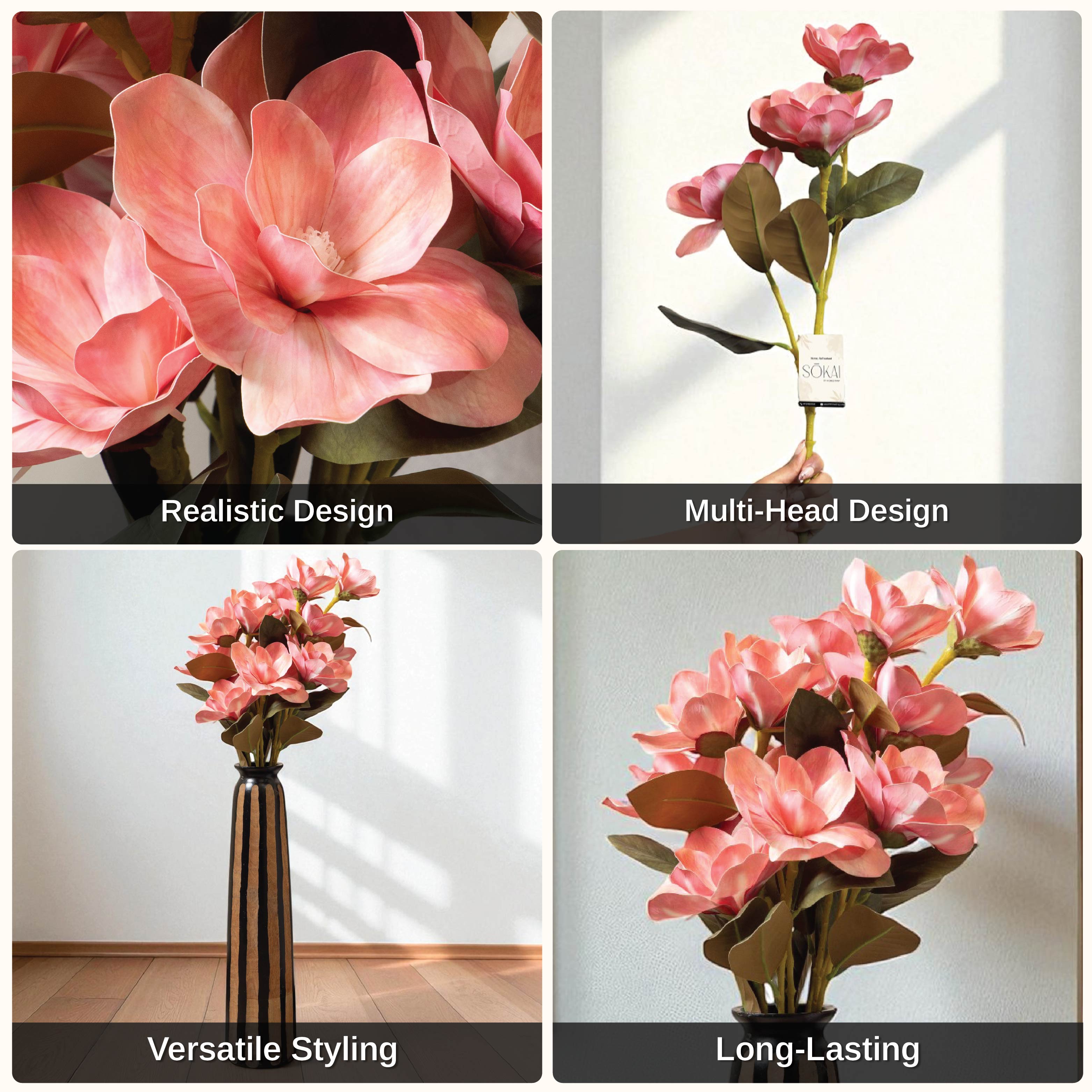 Sokai Coral Pink Magnolia Long Stem Flower -Set of 2