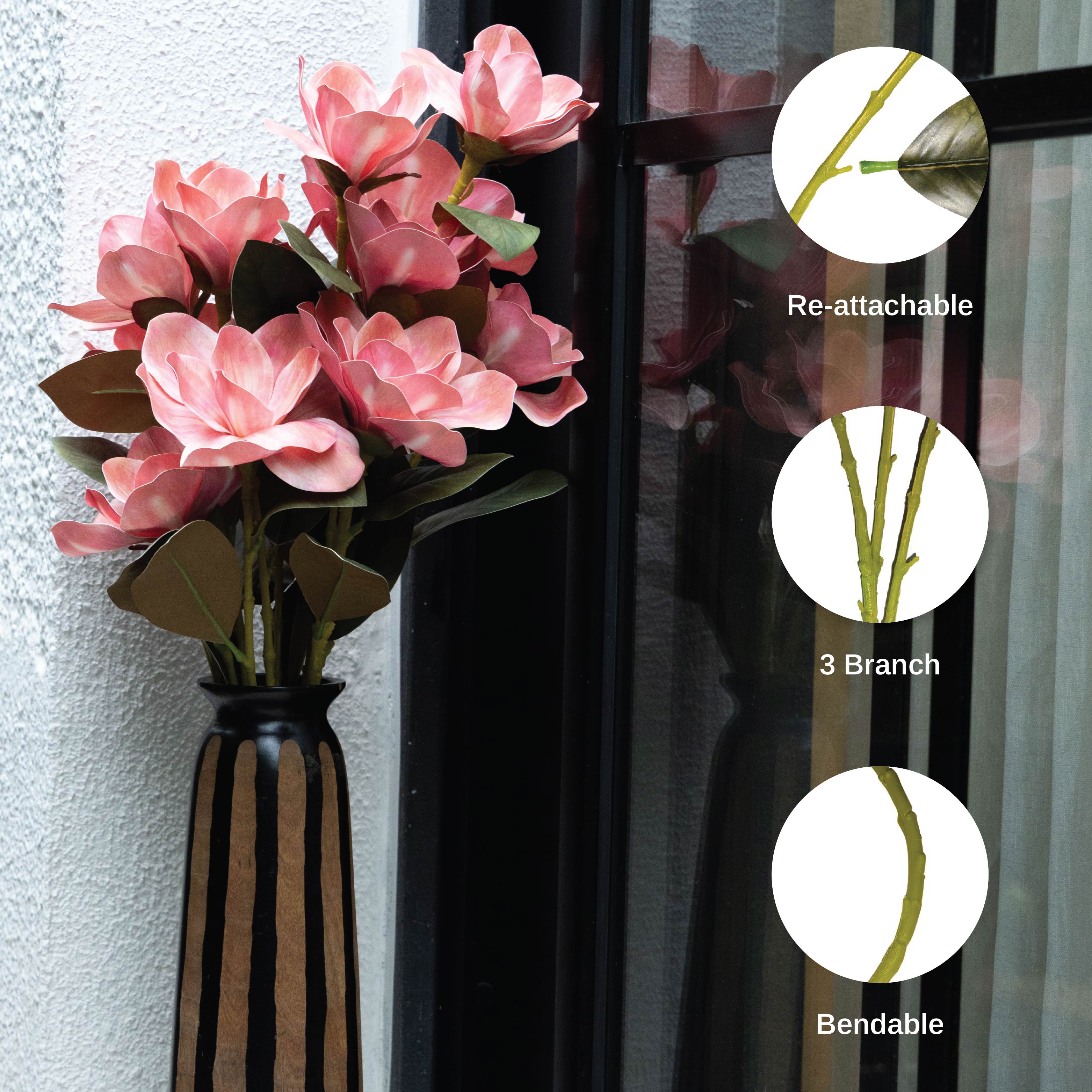 Sokai Coral Pink Magnolia Long Stem Flower -Set of 2