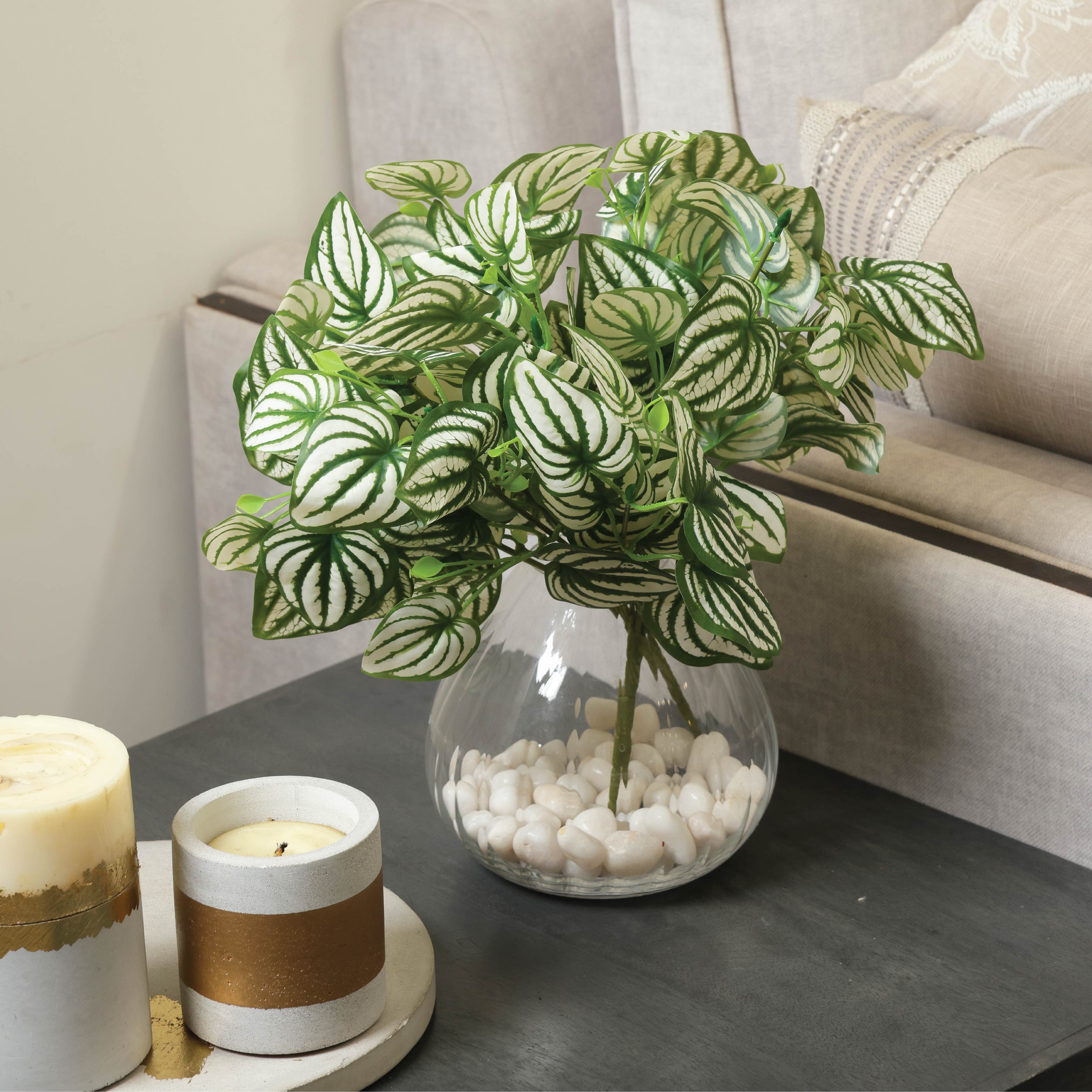 Sokai Green & White Decorative Leaf Bunch | Peperomia - Set of 3