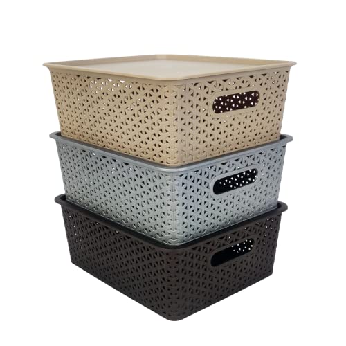 Set Of 3, Plastic Storage Organizers | Baskets With Lid | Medium
