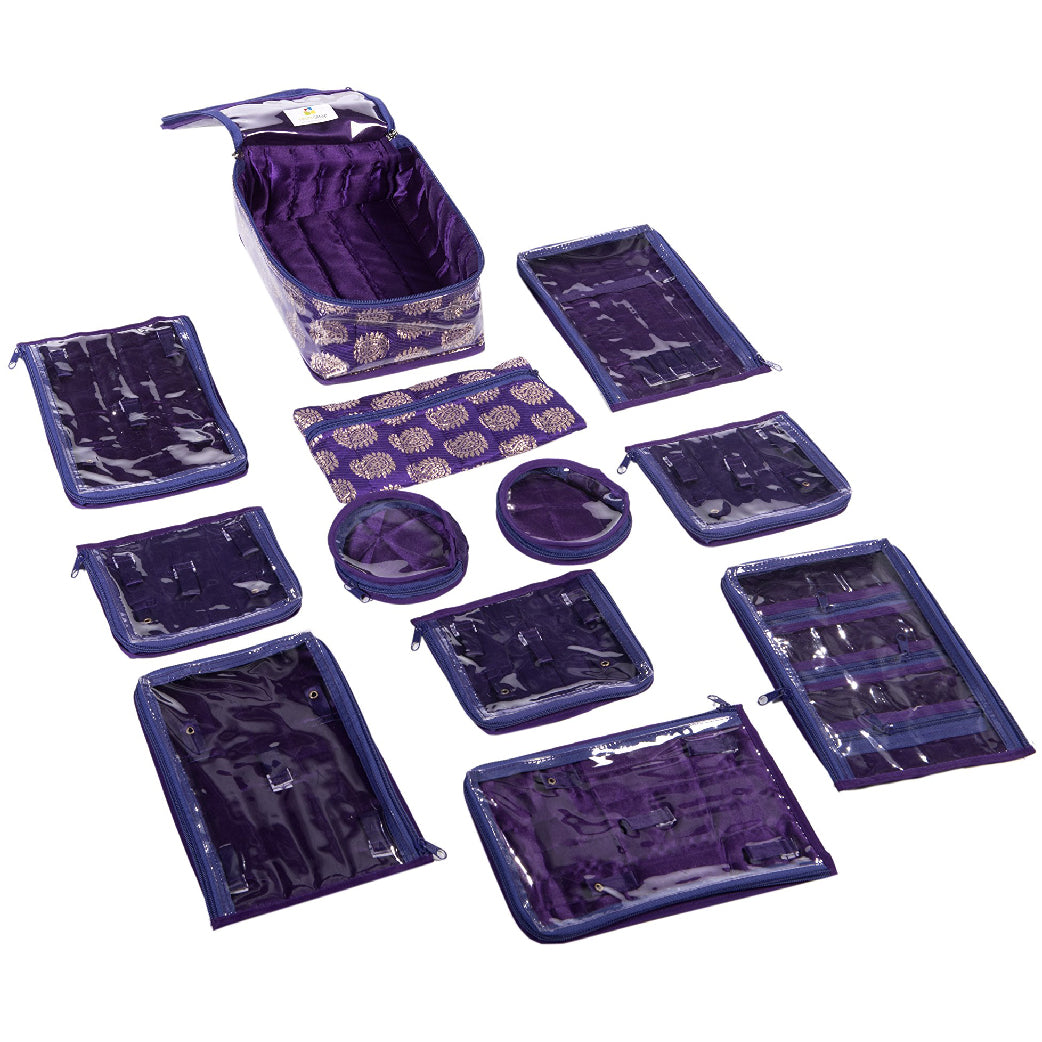 Brocade Fabric Jewelry Organizer With 10 Cushioned Pouches - Maroon, Pack Of 2